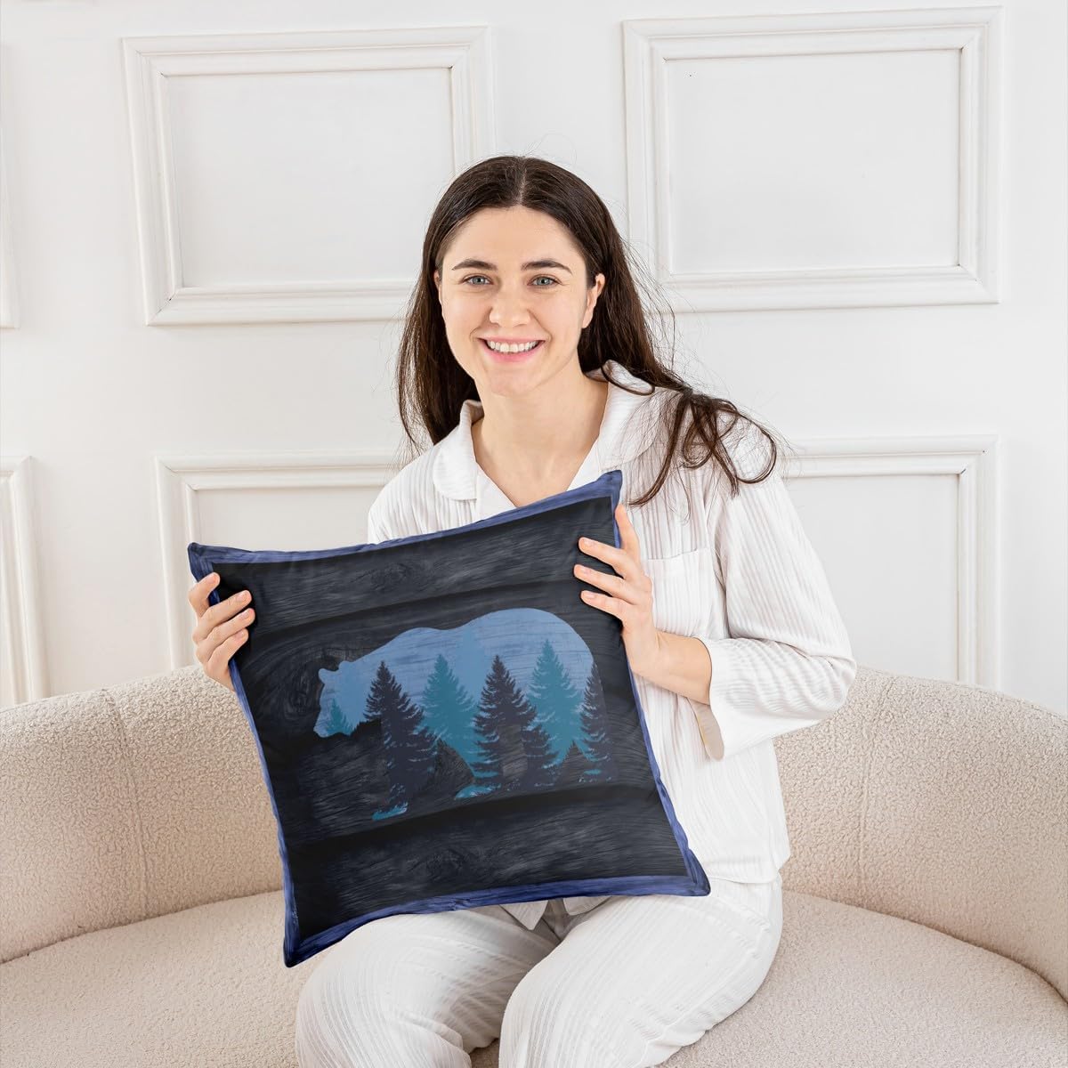 Bear Silhouette Pillow Cover 24x24 Inch Jungle Wild Animal Pine Tree Decor Cushion Case for Living Room Sofa Rustic Farmhouse Style Square Cushion Cover for Kids Boys Girls Blue