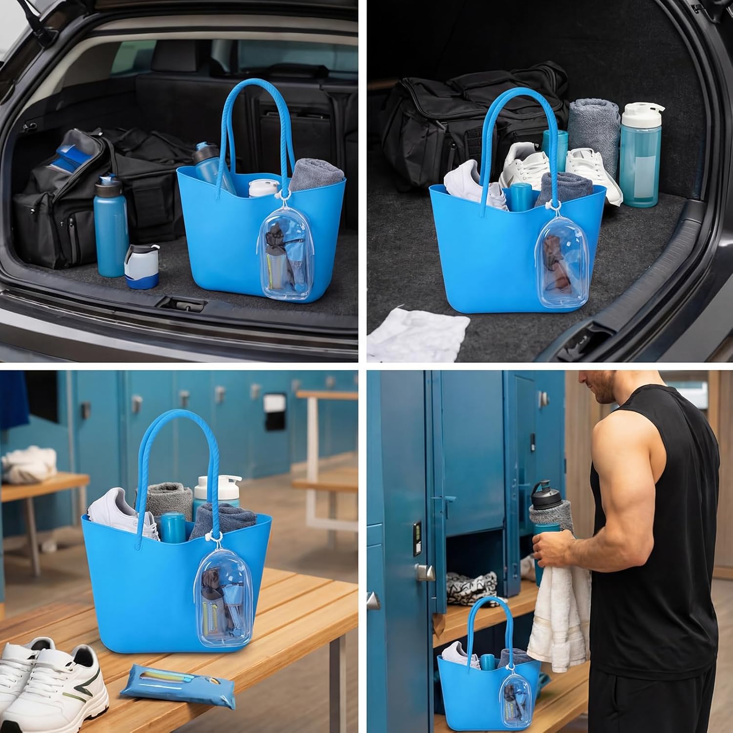 Medium Beach Tote Bag with Clear Phone Pouch 12.6" x 12"x 4.3" Foldable Washable Silicone Beach Bag for Short Trips Cruise Kayaking Picnics Camping Gym Pool Women Gift