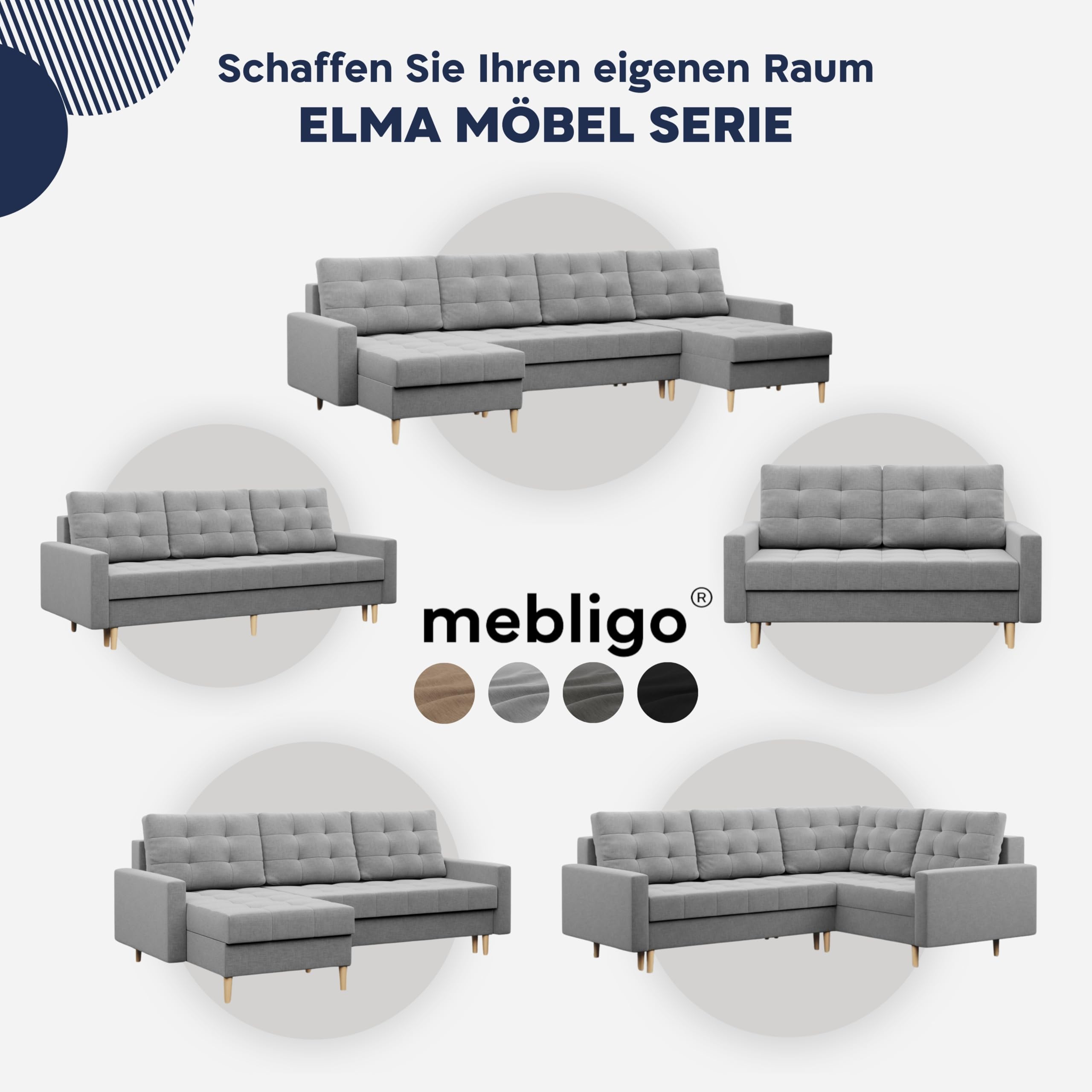 Mebligo - Ecksofa mit Schlaffunktion und Bettkasten Elma, Eckcouch mit Ottomane Links, Sofa L Form (BxTxH) 223 x 172 x 88 cm, Couch Wohnzimmer, Ecke Sofa, Grau (Lux 32)