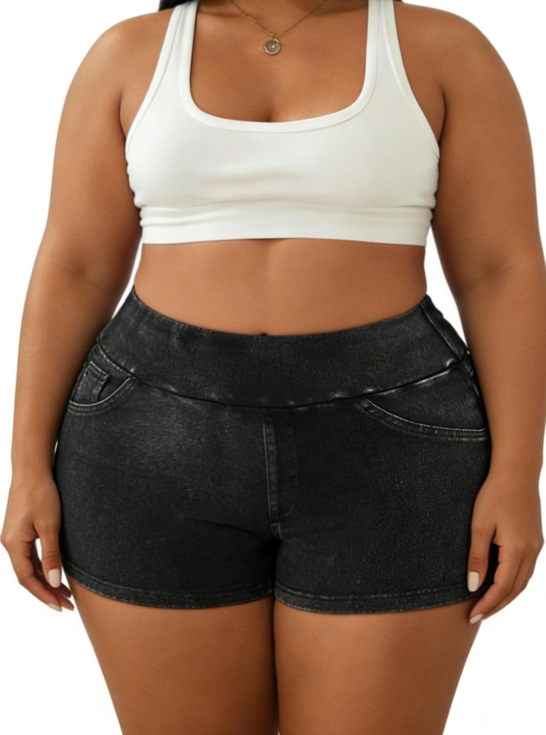 SOFIA'S CHOICE Women's Plus Size Denim Shorts High Elastic Waisted Stretchy Mini Jean Shorts with Pockets - Image 3