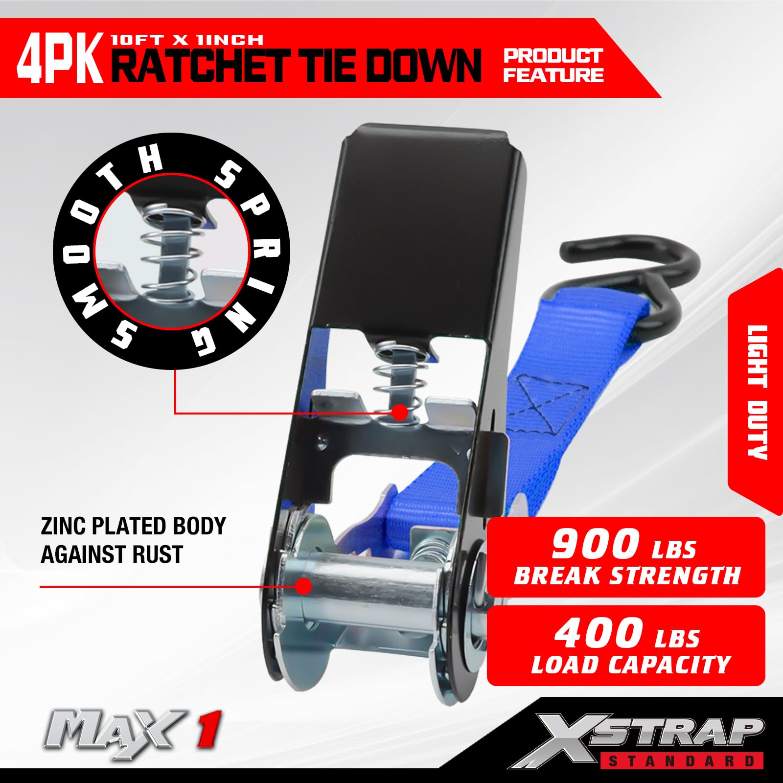 XSTRAP Zestaw 4 pasków mocujących z grzechotką, 3 m, nasadka ładująca 136 kg, wytrzymałość na zerwanie 408,2 kg, do urządzeń przeprowadzkowych, trawników, motocykli (niebieski)