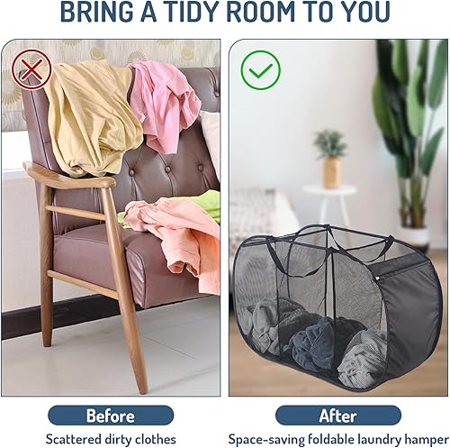 Miniatura 6 de Cesta desplegable de malla para ropa sucia, 3 compartimentos, plegable, horizontal, plegable, para ropa, lavandería, dormitorio, juguetes, viajes