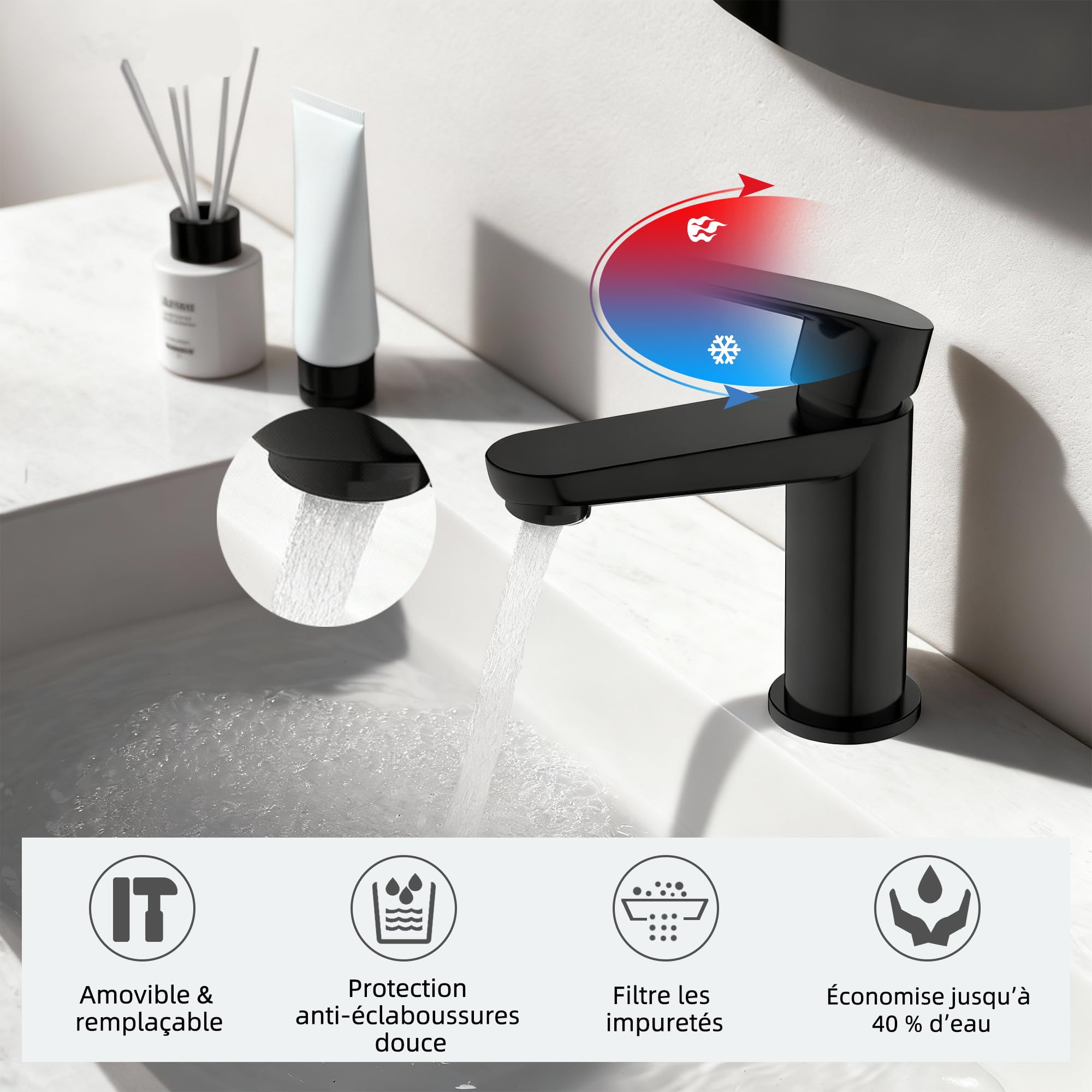 BELZ Schwarz Wasserhahn Bad,Einhebel Waschtischarmatur 85mm | Einfache G3/8 Einlochmontage,Inklusive flexibler Schläuche.Leise,Messing,Rostfrei, pflegeleicht & dicht