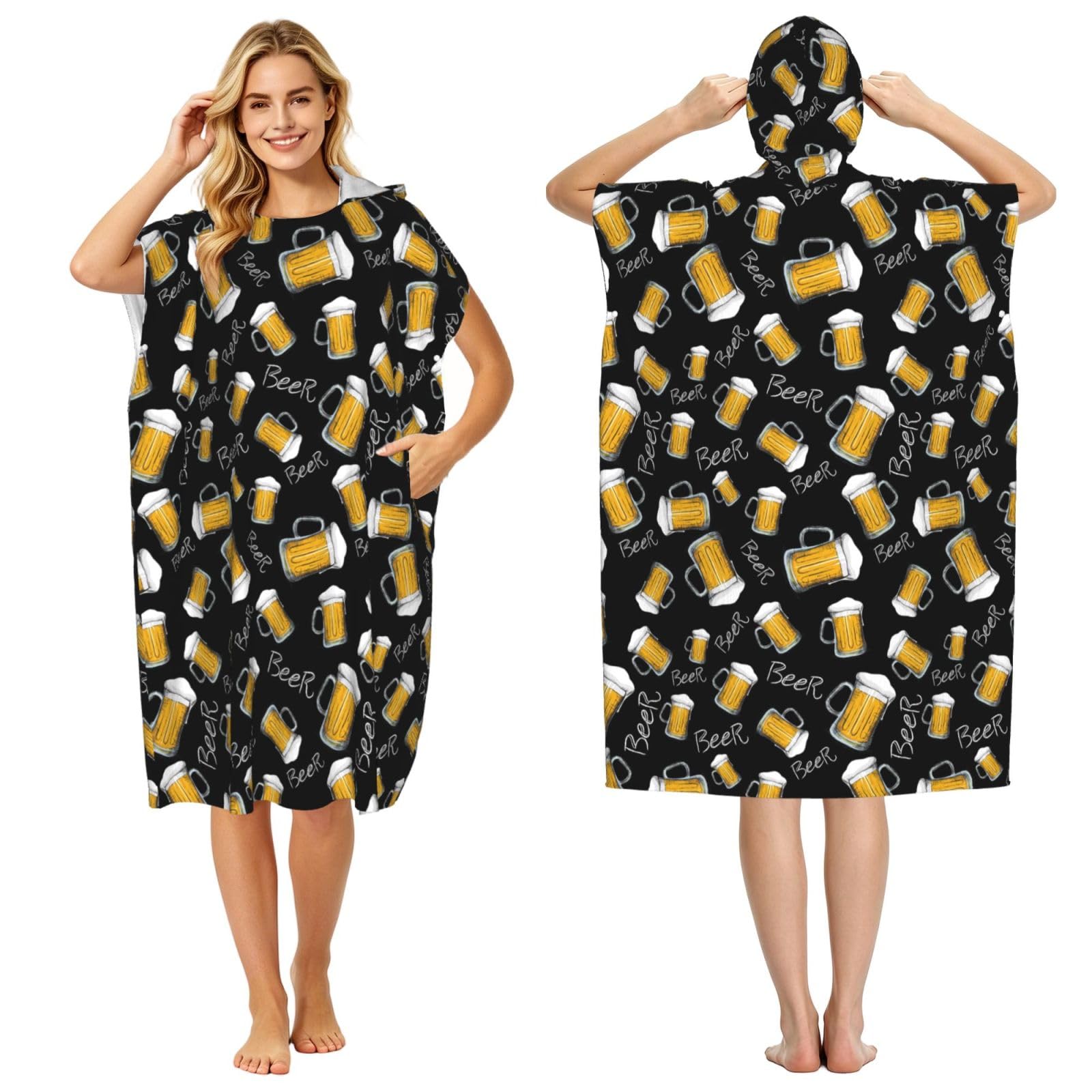 Poadnly Beer Mug Pattern, Adult Hooded Beach Towel 90 x 110 cm,Changing Bath Robe, Surf Poncho Towel For Women Men