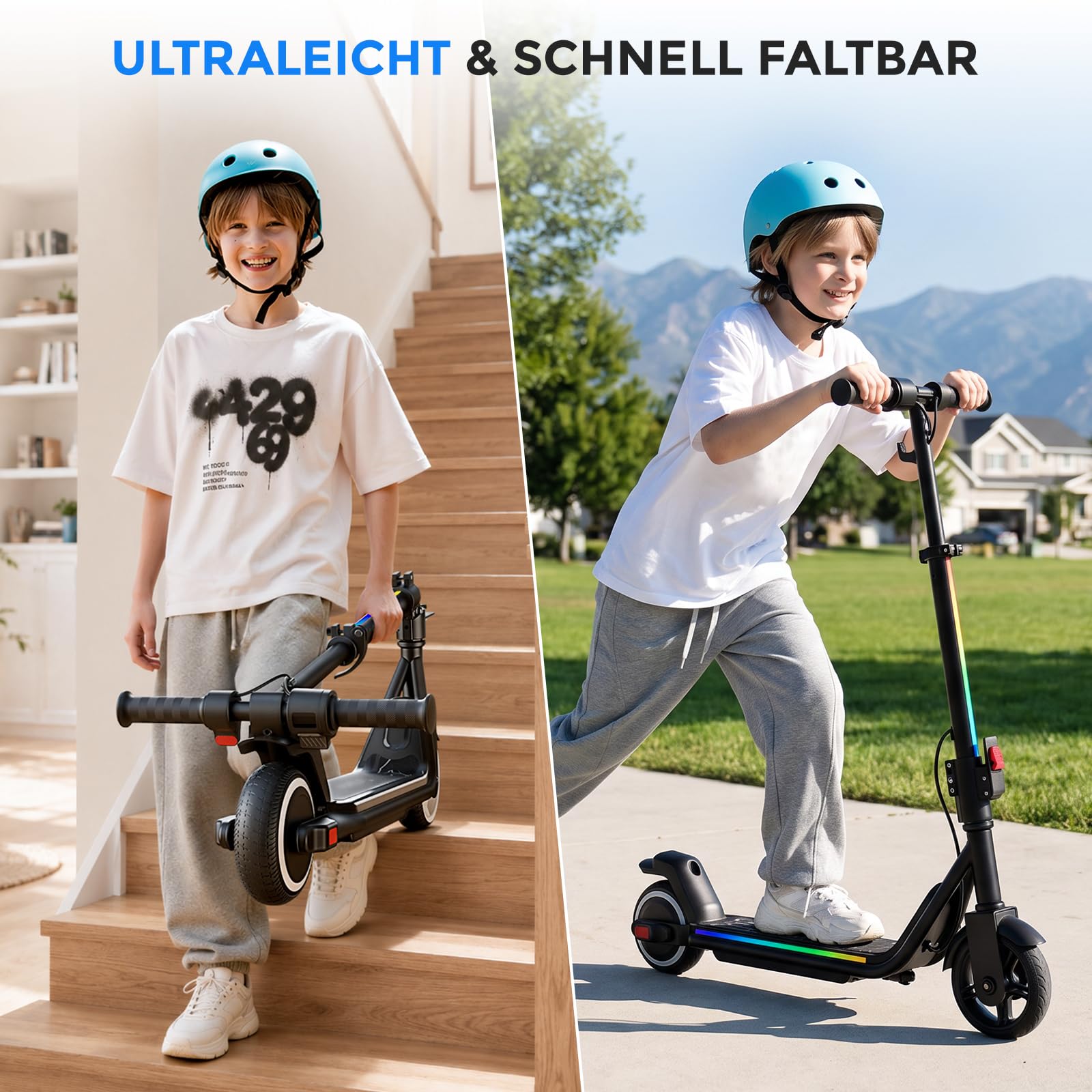 iScooter E Scooter für Kinder von 6-14 Jahren, 6,5" Faltbar Elektroroller mit Musik & 3 Höhenstufen einstellbar, 6" Leicht Kinder E Roller mit Bunte Lichter, Max Reichweite 15/7 km, 3 modi 5-19 km/h