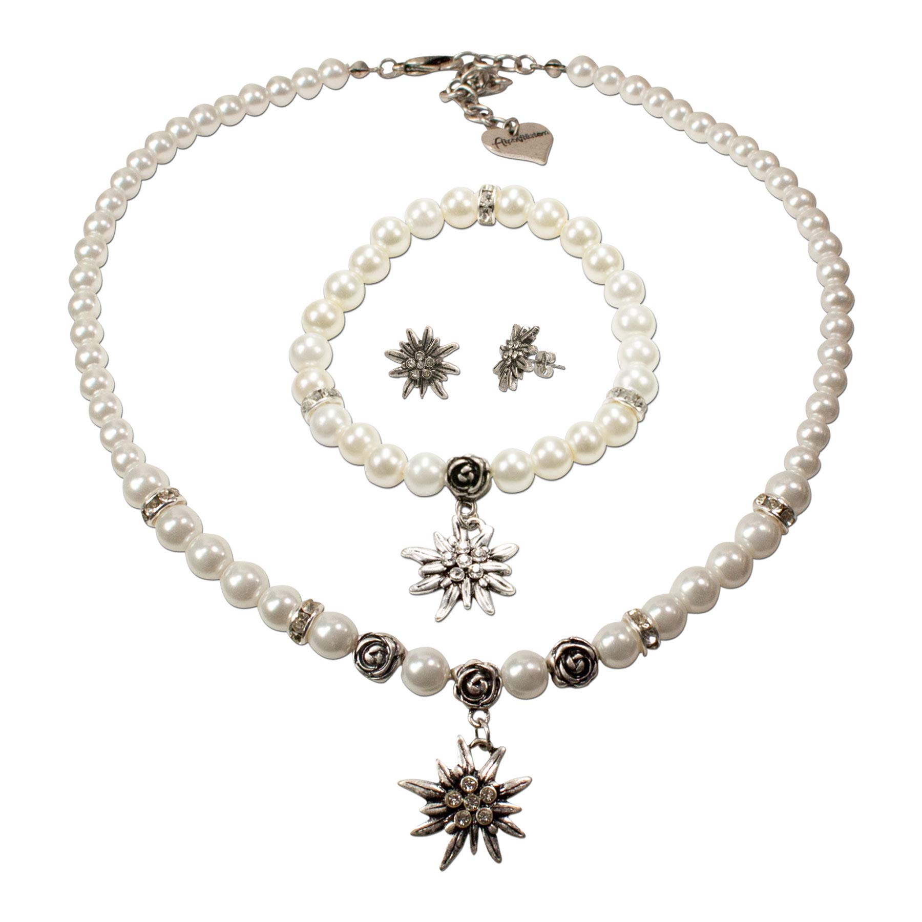 Alpenflüstern Trachtenschmuck-Set Perlen-Trachtenkette, Armband und Ohrstecker Strass-Edelweiß - Damen-Trachten-Schmuck, Trachtenset Dirndl-Kette, Armkette, Ohrringe Creme-weiß SET045