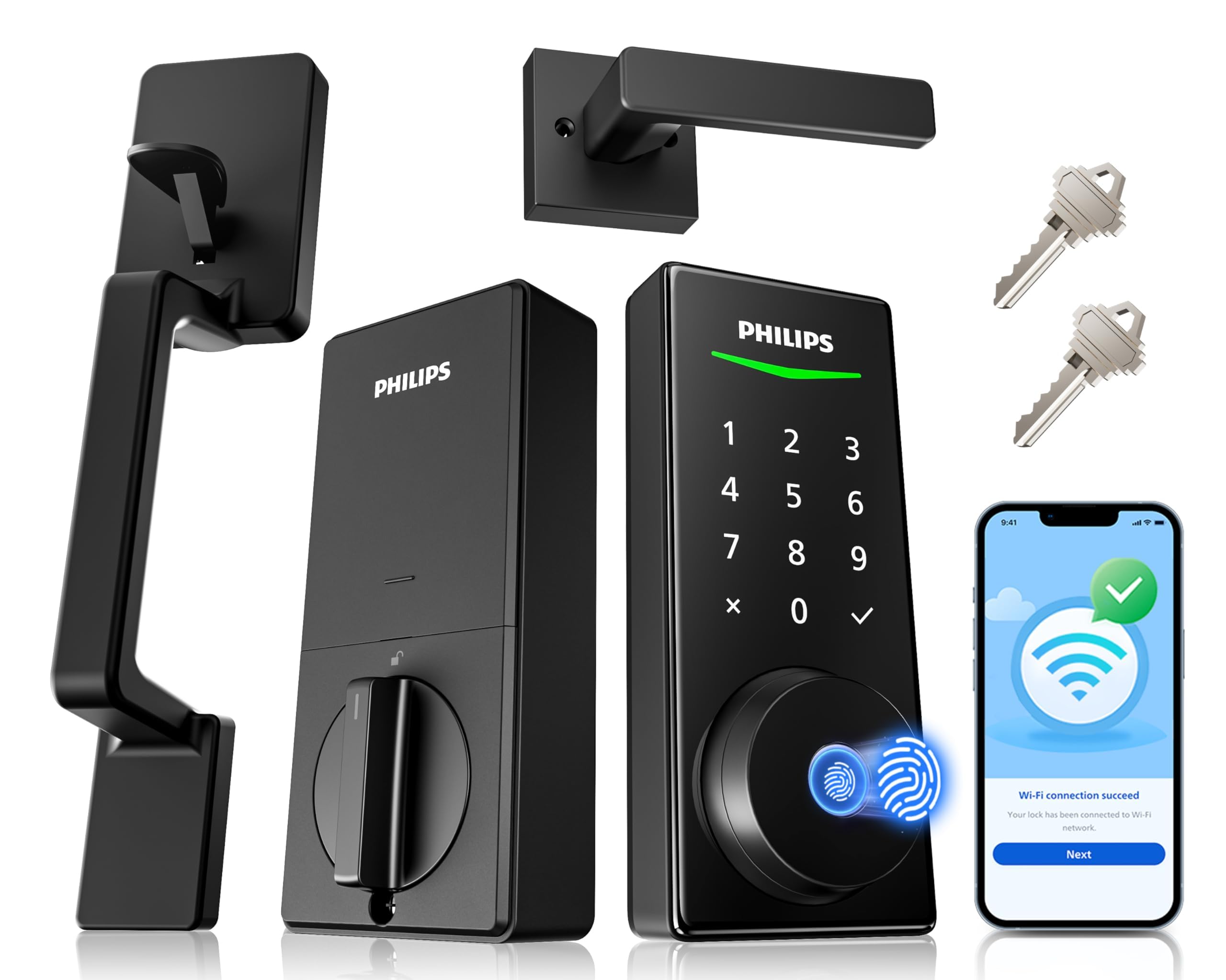 Photo 1 of Philips Touchscreen WiFi Smart Lock with Handle Set, Built-in WiFi, Remote Control & Voice Control, Fingerprint Keyless Entry Door Lock, Smart Locks for Front Door Deadbolt, Auto-Lock, Matte Black