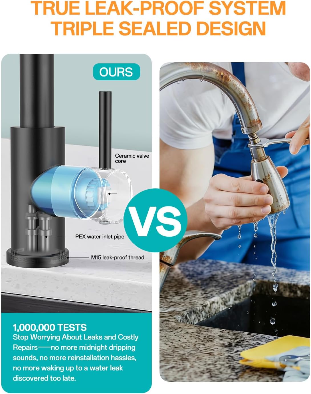 Kicimpro Matte Black Kitchen Faucet with Pull Down Sprayer, 304 Stainless Steel, 23-Inch Extended Hose Design, Three Water Functional Ways, Easy Installation - Image 3