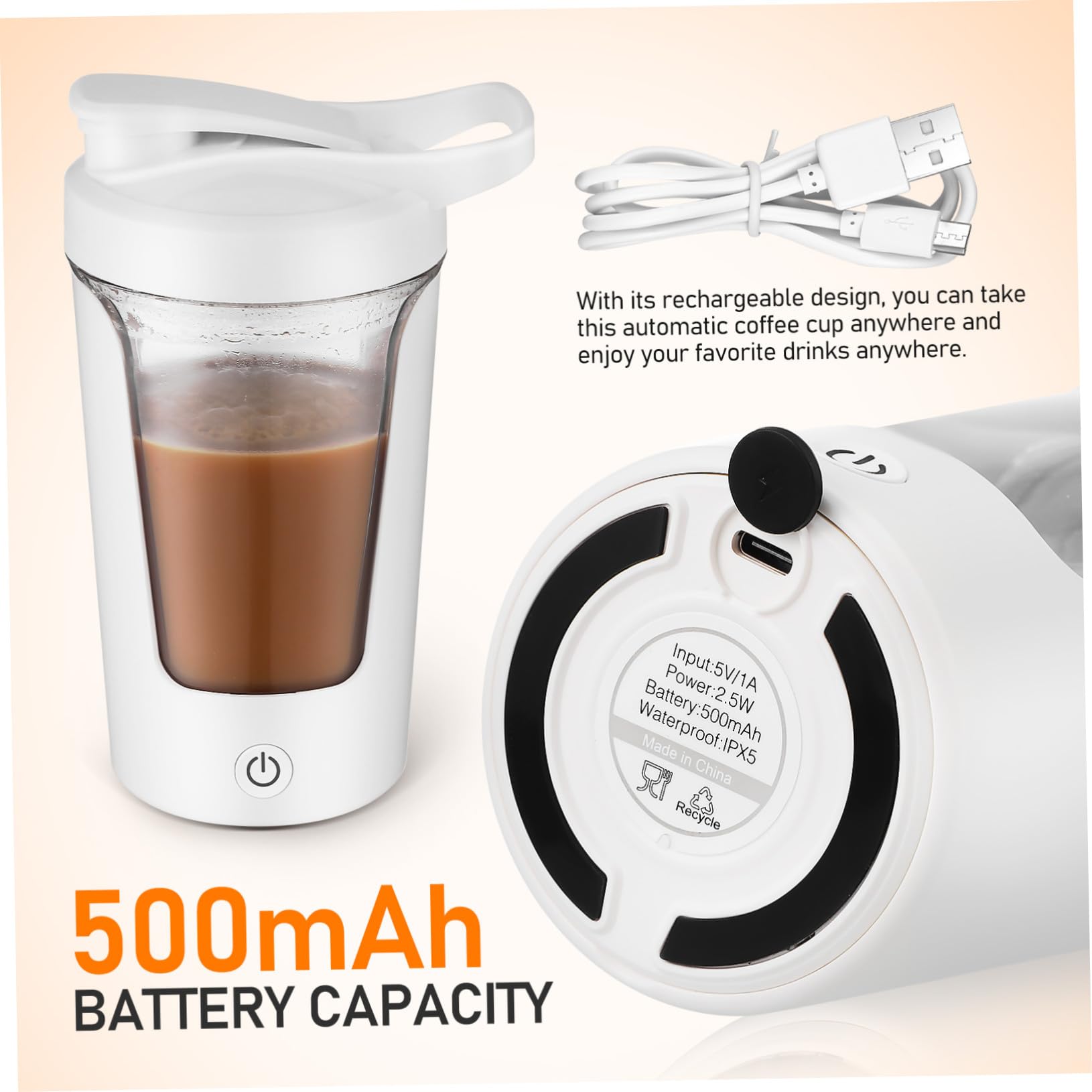 Shaker Électrique Automatique Rechargeable pour Café et Protéines Tasse Mélangeuse Portable PP et Abs Agitateur Homogène pour Boissons Protéinées et Soja pour Préparation Rapide