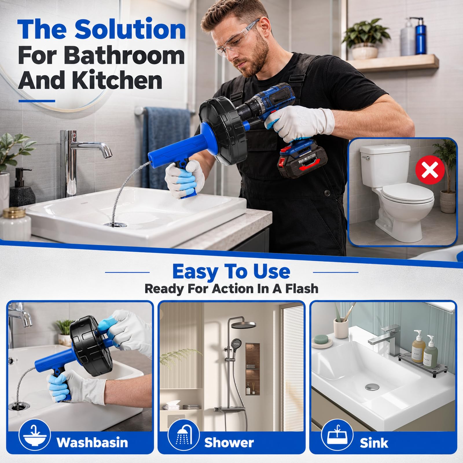 Espiral de limpieza de tuberías de 14 m con accesorio de perforación, espiral de desagüe, limpiador de tuberías para cocina y baño, muelle electrochapado resistente, limpiador de desagües