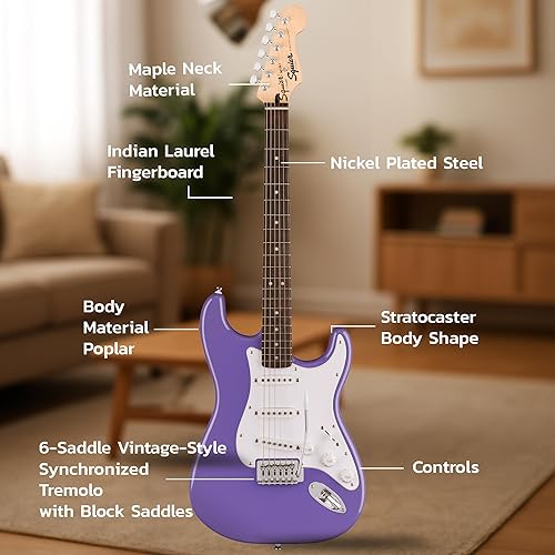 Miniatura 5 de Fender Squier Sonic Stratocaster - Paquete ultravioleta con amplificador, sintonizador, correa, cable, púas y DVD de guitarra Austin Bazaar