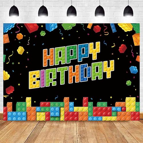 MAQTT Fondo de fotografía de feliz cumpleaños de 7 x 5 pies, bloques de construcción coloridos para niños y niñas, fiesta de cumpleaños, decoración
