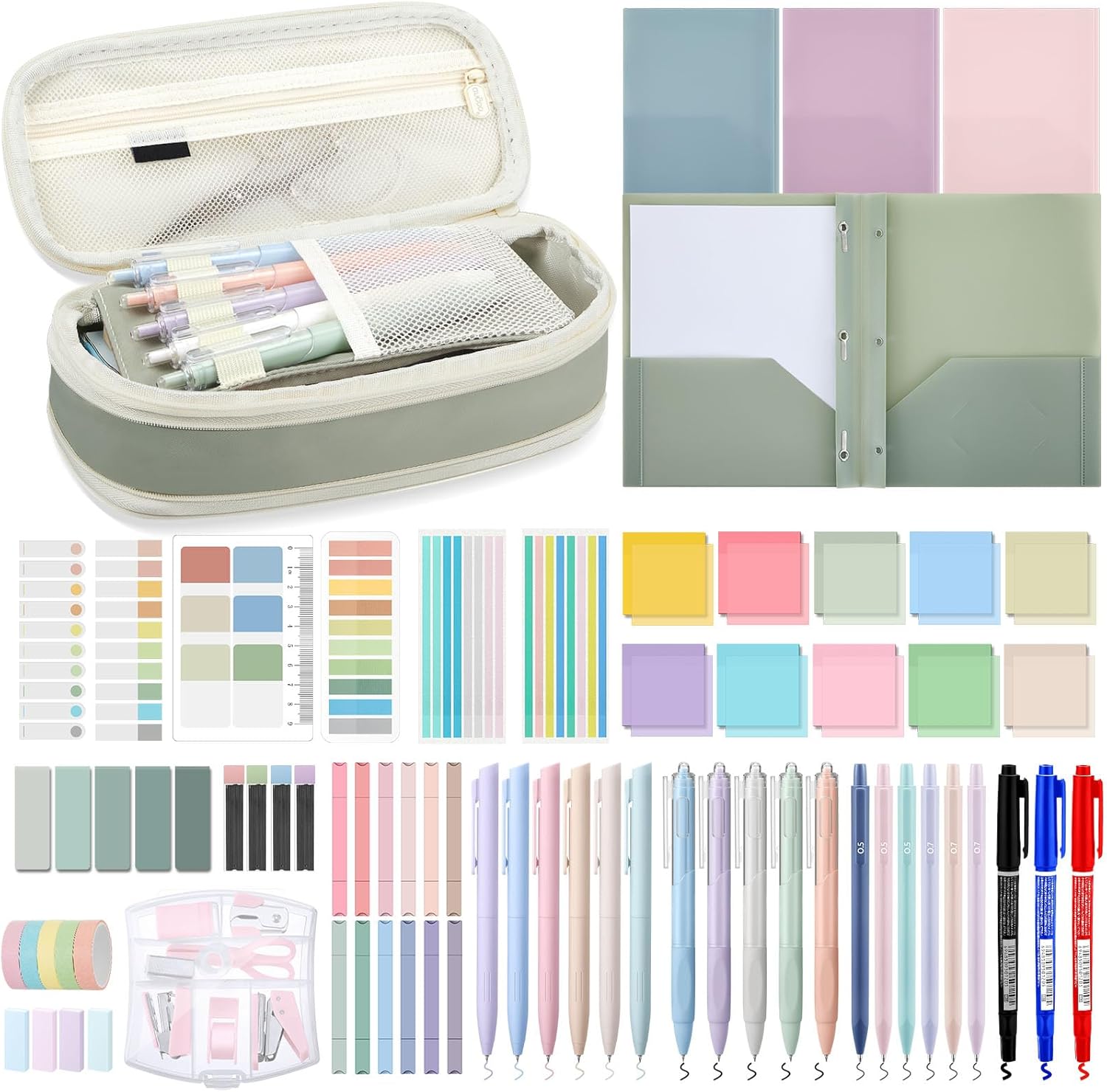 Sinload 72 Pcs Aesthetic School Supplies with Pencil Case 4 Prong Folders 12 Highlighters 20 Mechanical Pencil Pen 500 Sheets Transparent Sticky Note Tabs Stationery for College Office(Green)