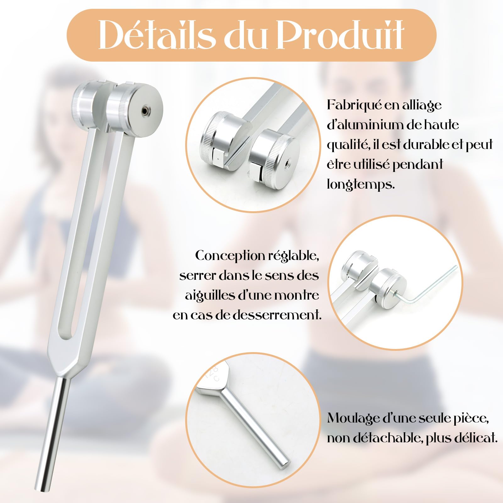 VEGCOO Diapasón Terapéutico, Diapasón 128Hz Aluminio, Cuidado por Vibración Diapasón, Diapasón Ofrece respuesta frecuencia, martillo de silicona, herramienta de reparación, paño de limpieza, bolsa de