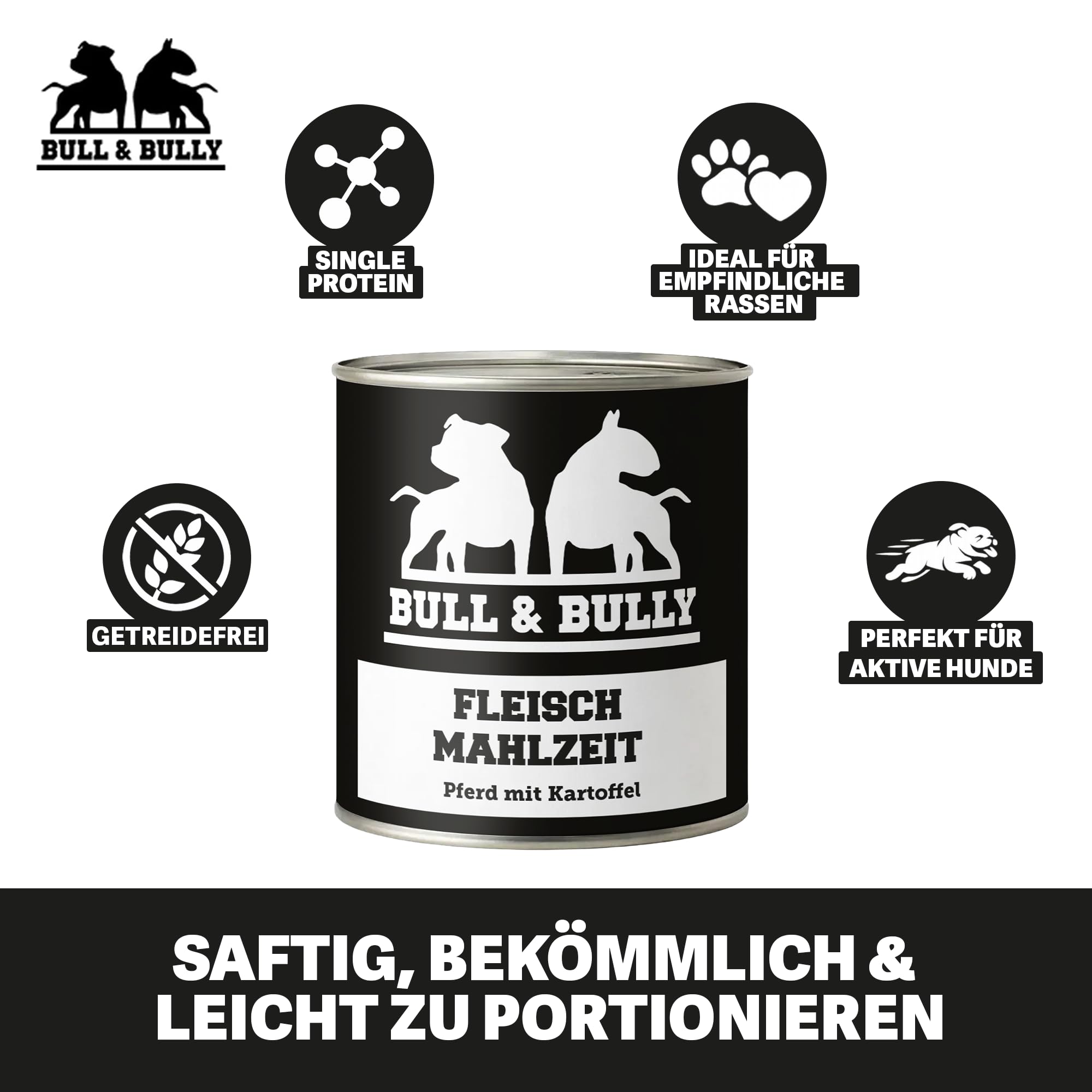 Hundefutter Nass 800g 12x Fleischmahlzeit Pferd mit Kartoffel | Tierärzten entwickeltes Hunde Nassfutter Premium Wet Dog Food mit 94% Fleischanteil für aktive Hunde von BULL & BULLY