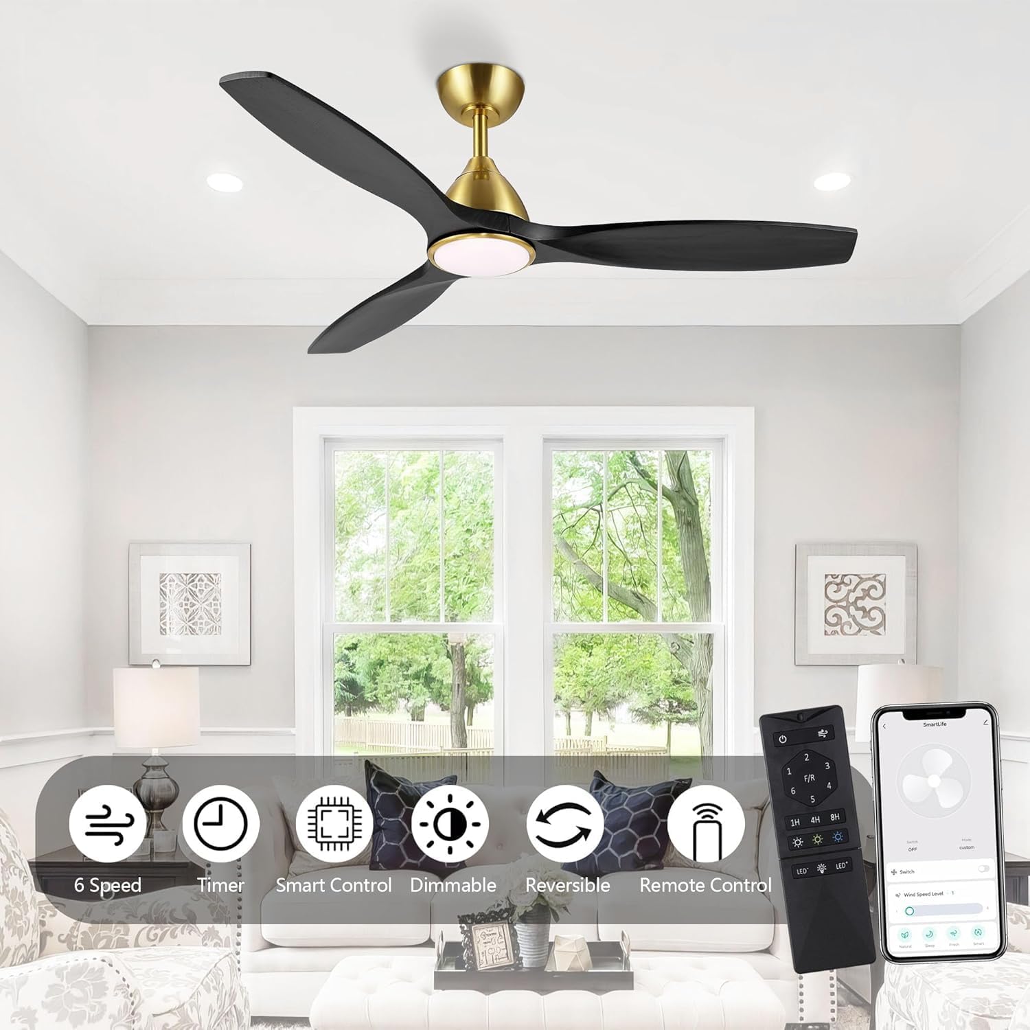 LEDLUX ceiling fan features including 6 speed, timer, smart control, dimmable light, reversible motor, and remote control