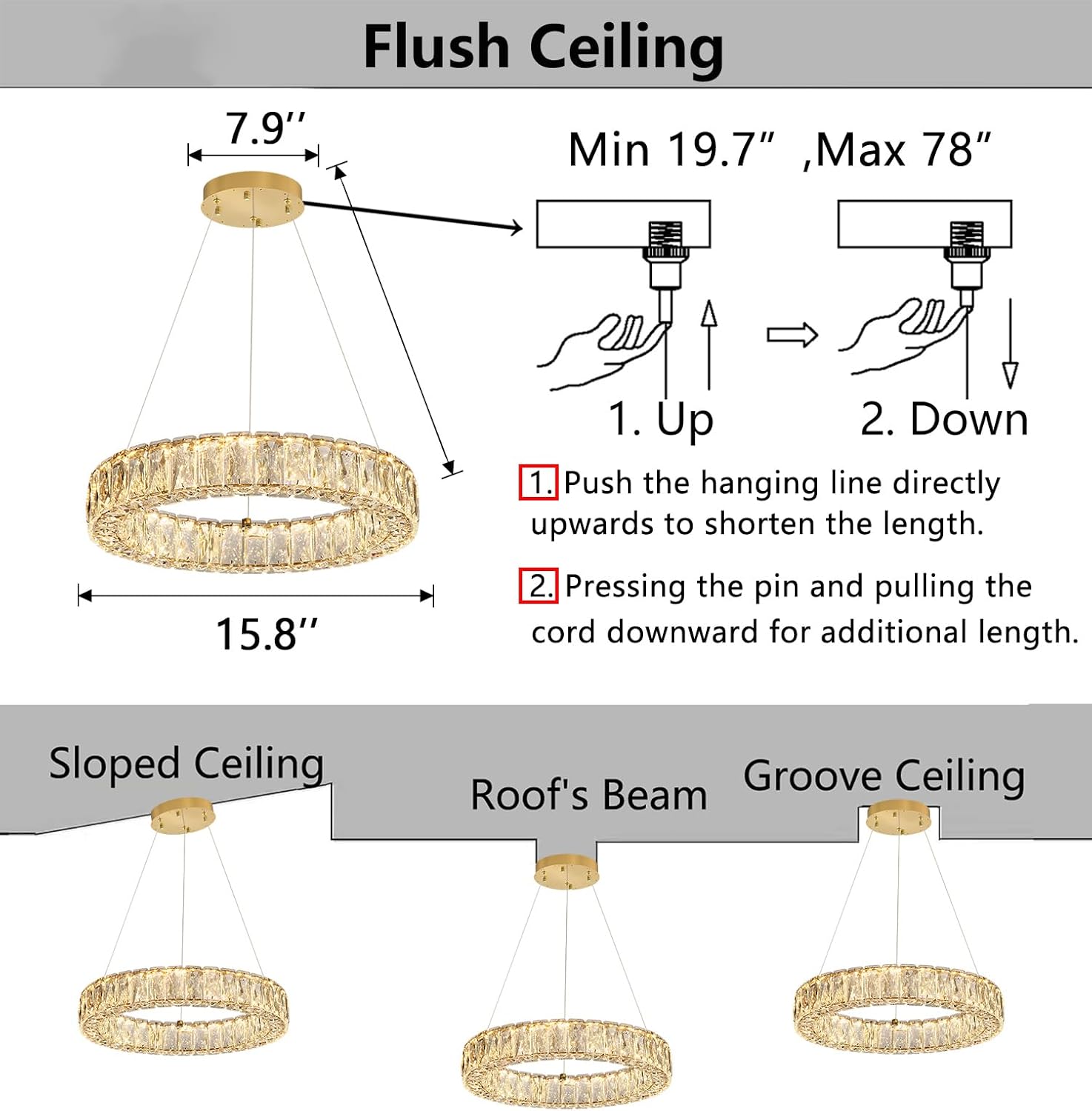 modern crystal chandelier dimmable led 16 inch ring pendant lights adjustable glam chandeliers lighting fixtures for dining room living room bedroom gold light gold 1 ring : 16"
