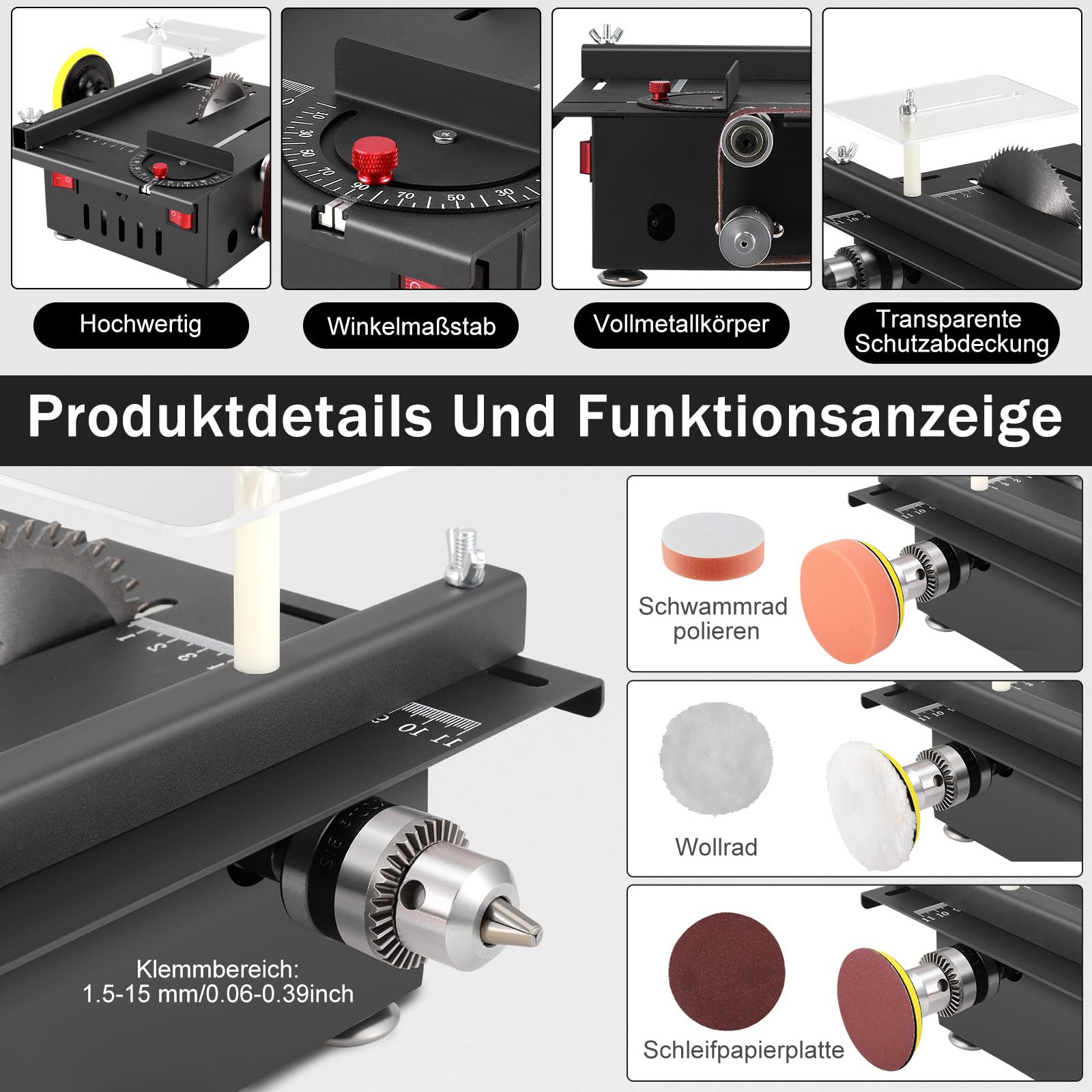 Mini Tischkreissäge & Bandschleifer Variable Geschwindigkeit,200W Minii kreissäge mit 0-90° Einstellbarer Schnittwinkel, Mini Desktop Elektrischer mit 4 Klingen, 30mm Sägeblatt von Handgemachtes Holz