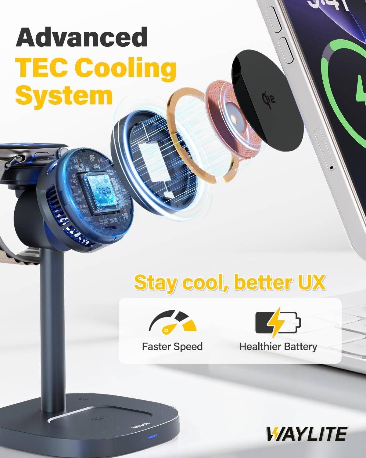 3 in 1 Wireless Charging Station for Apple MagSafe Charger Stand,15W Fast Phone and Watch Charger with TEC Cooling, Magnetic Wireless Charger for iPhone17 16 15 14 13, Apple Watch, AirPods, Gray