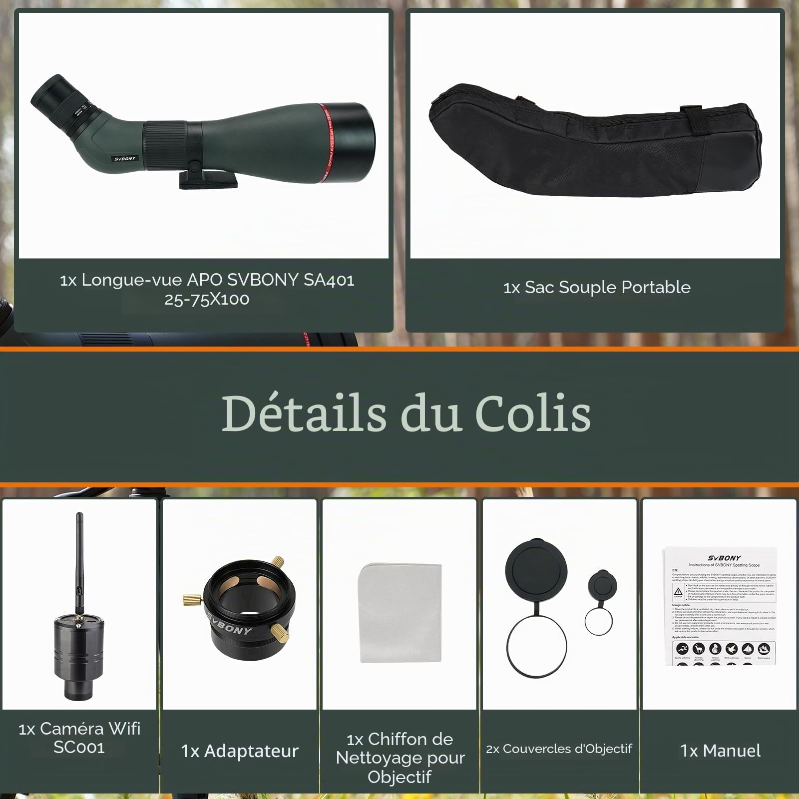 Svbony SA401 APO Longue Vue, 25-75X100mm Objectif Double Ed Apochromatique Revêtement FMC, IPX7 Imperméable Oculaire Amovible Puissante, avec la Caméra WiFi SC001 pour Observation des Oiseaux