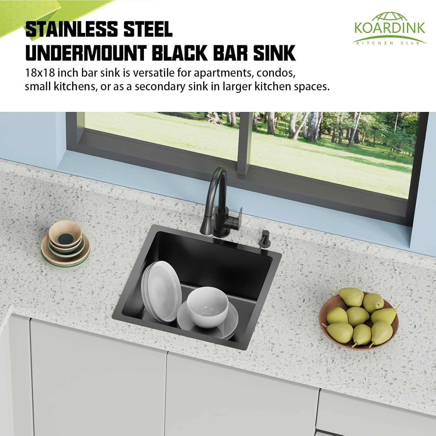 black 18x18 in undermount kitchen and bar sink- stainless steel single bowl kitchen sink modern drop in bar sink with silicon mat,drain strainer set compatibility with various kitchen & bar style 18x18 black