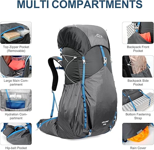 Miniatura 4 de IX INOXTO Mochila impermeable de 55 L con marco interno para senderismo y campamento con bolsa de agua de 3 litros y cubierta para lluvia, mochila