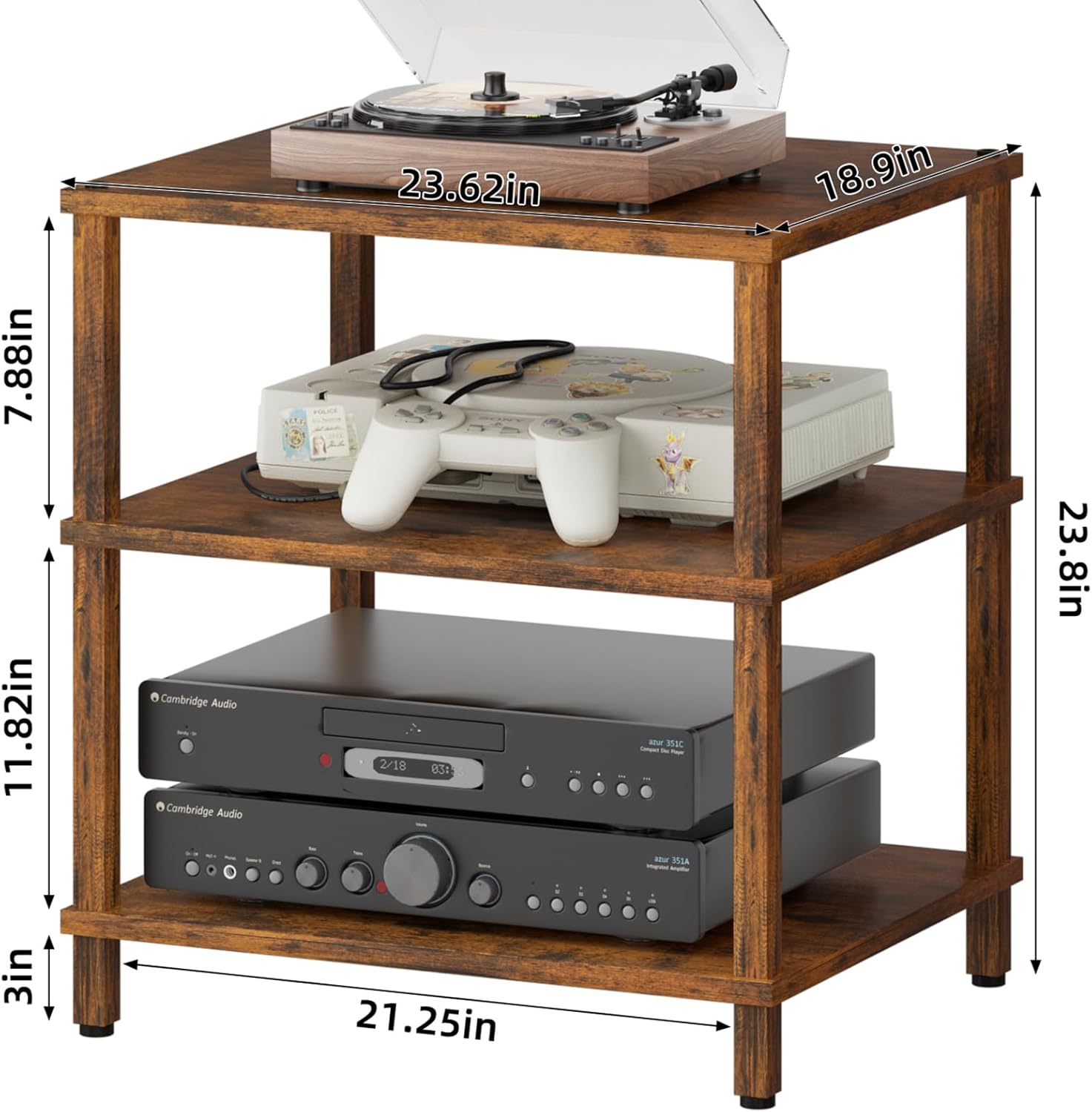LELELINKY 3-Tier AV Media Player Stand, Brown Stereo Cabinet, Modern Stereo Cabine,Game Console Shelf,Wooden TV Stand,Multifunctional Entertainment Center, Suitable for Home, Conference Room