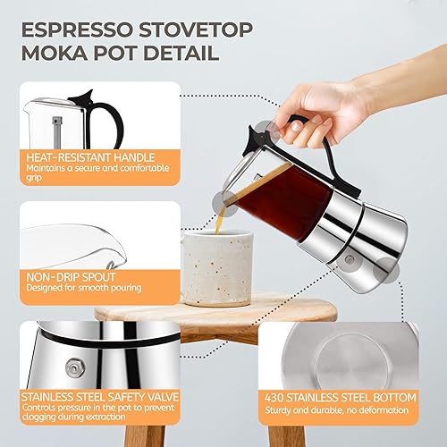 Miniatura 4 de Olla de vidrio transparente para 4 tazas, 7.4 fl oz, cafetera de acero inoxidable, sin recubrimiento, cafetera de café expreso, cafetera italiana,