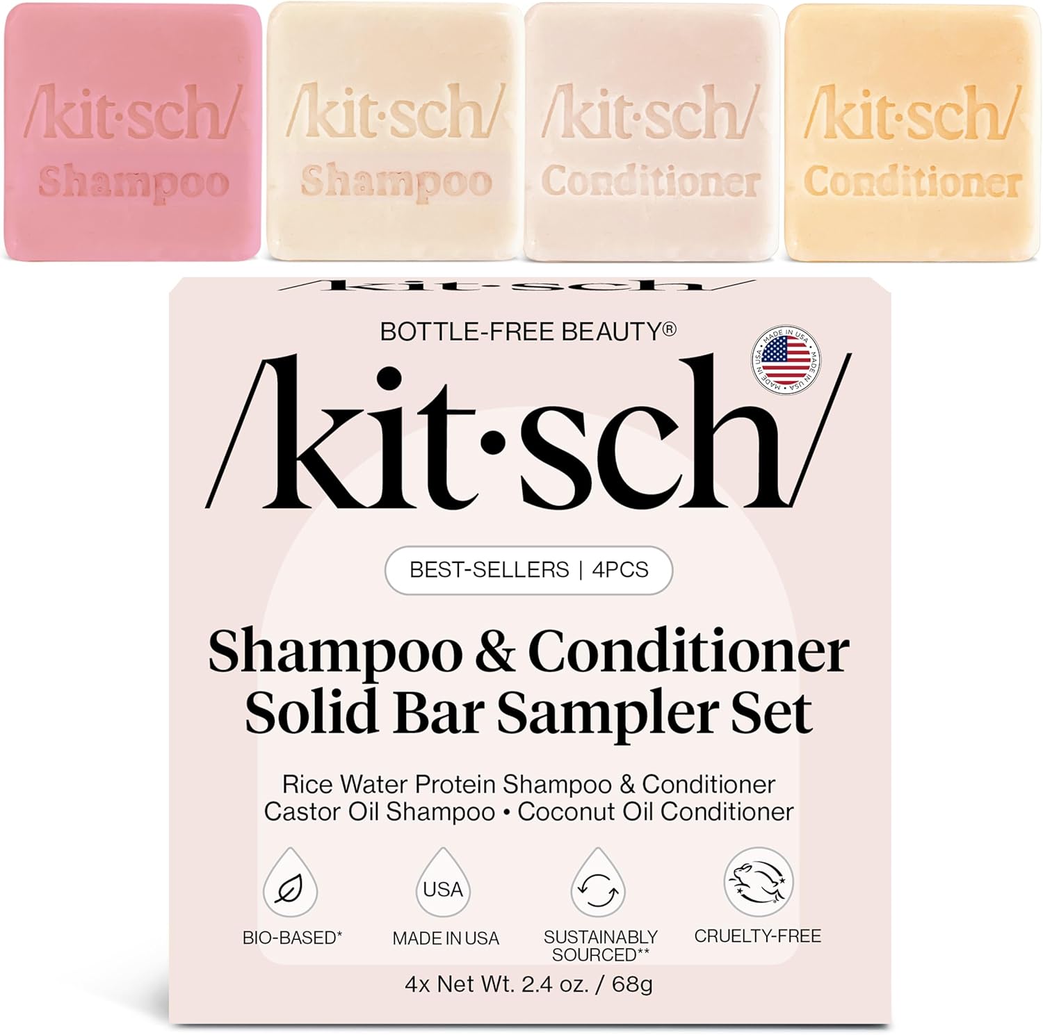 Kitsch 4pc Sampler Solid Shampoo and Conditioner Bar Set – Rice Bar Shampoo and Conditioner Bar for Hair Growth, Castor Oil Shampoo Bar & Coconut Oil Deep-Moisturizing Hair Conditioner Bar, Zero Waste