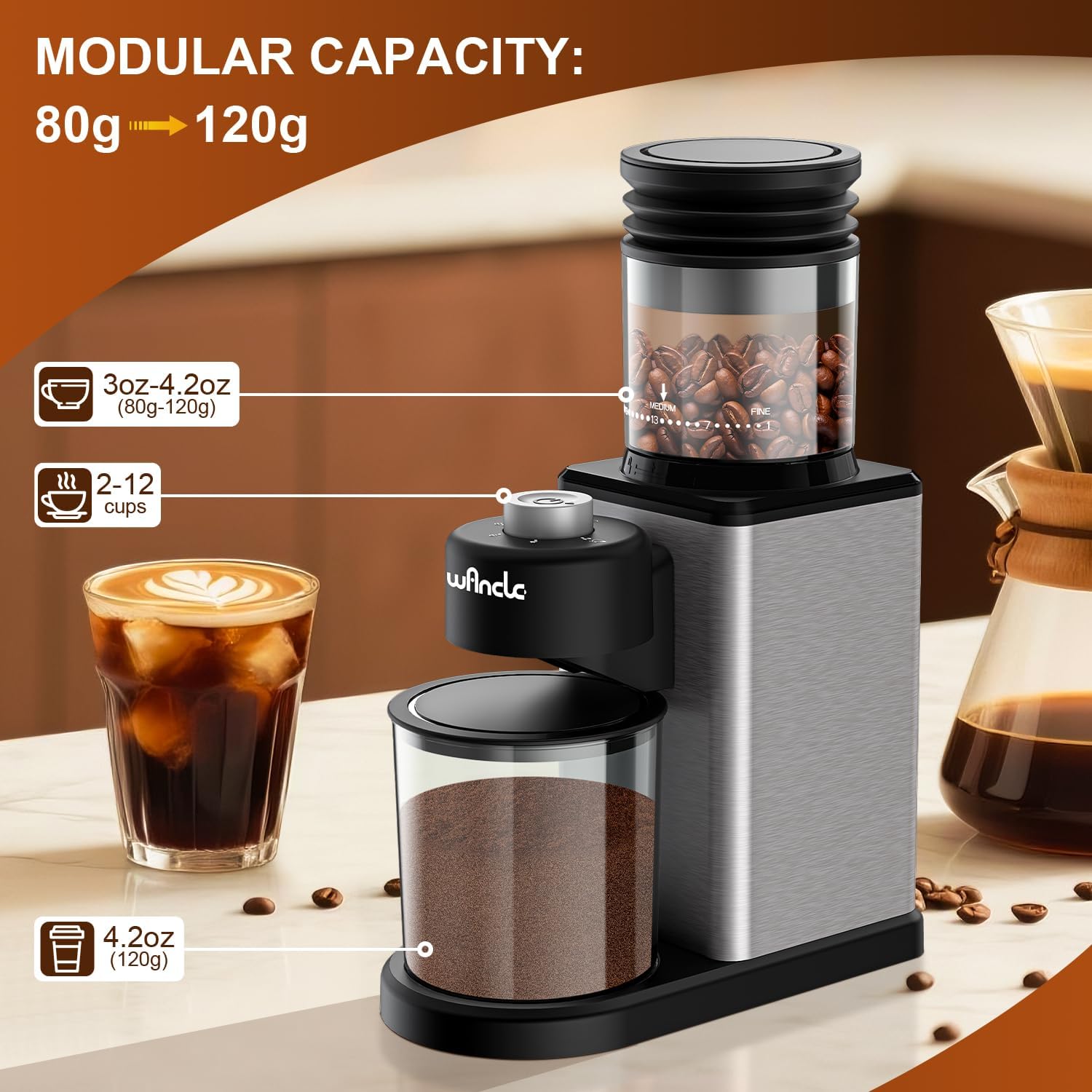 Diagram illustrating the modular capacity of the Wancle coffee grinder, showing bean hopper and grounds container capacities