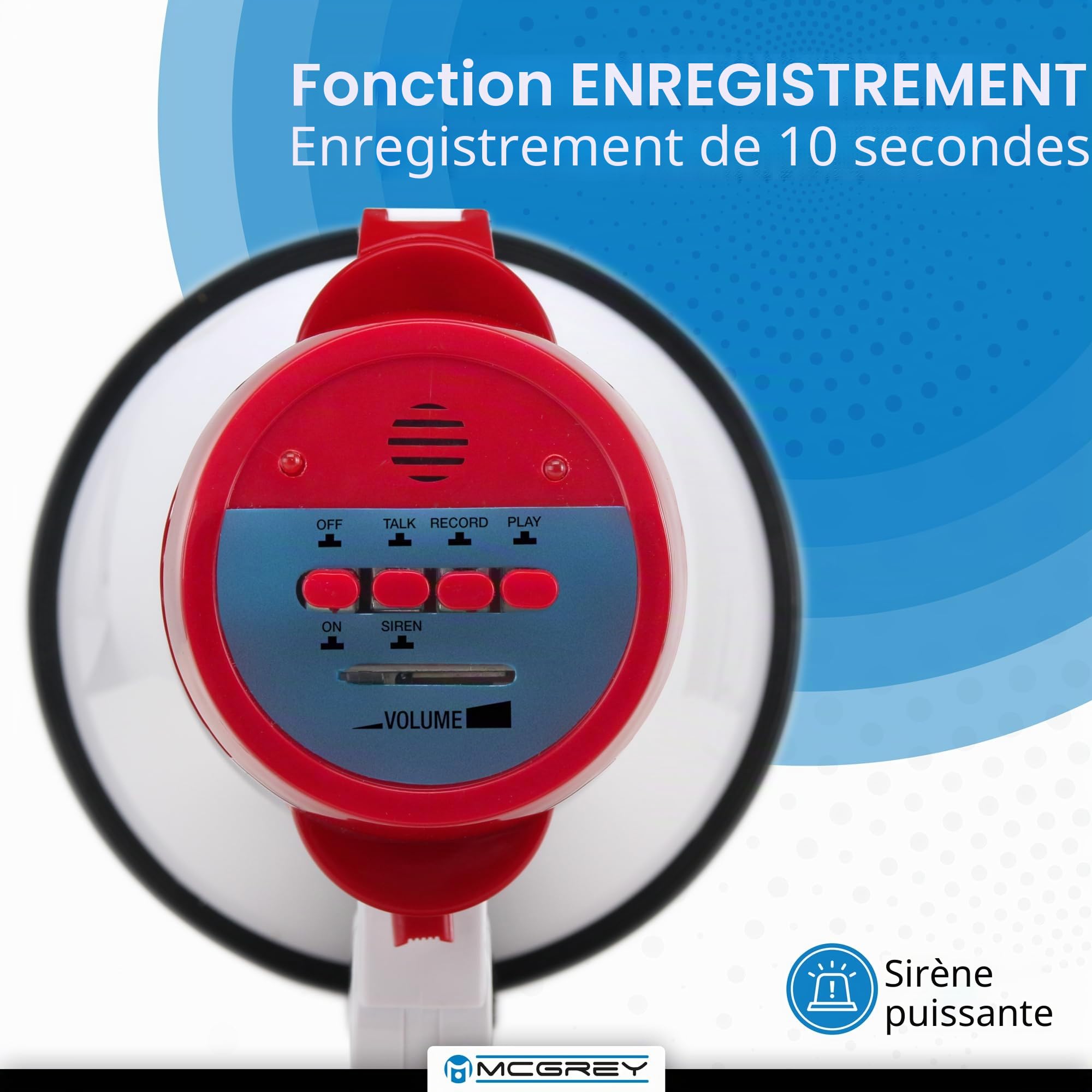 McGrey MP-100RS Mégaphone (Porte-Voix, 10 Watt RMS/30 Watt Max, portée Jusqu’à 500m, Fonction Enregistrement/relecture, sirène, alimenté par Piles) Blanc/Rouge