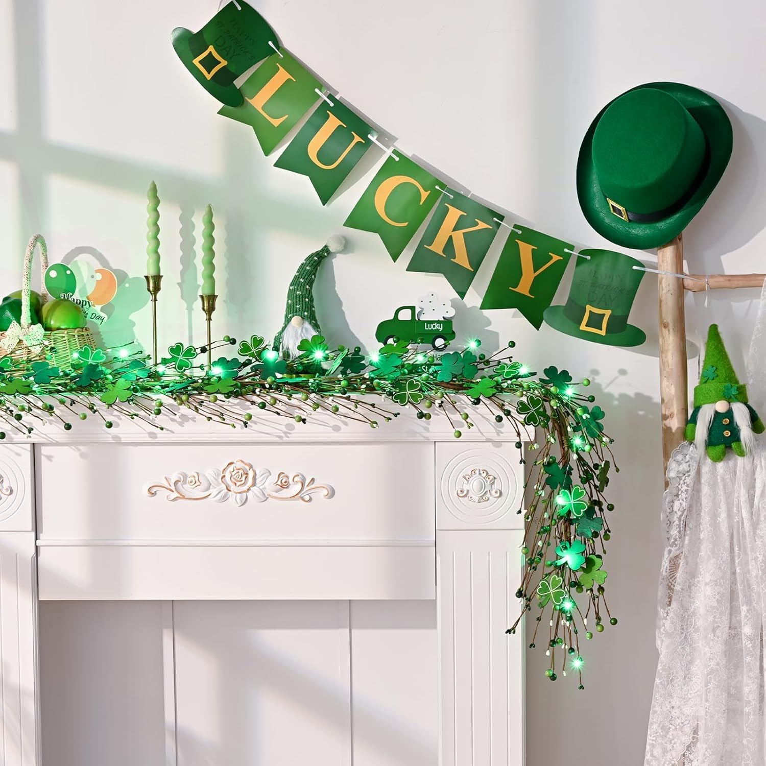 2 Pcs 6 Ft St Patrick's Day Garland with Light, Lighted Shamrock Garlands, Green Colored Wooden Shamrock and Berry Clover for St Patrick's Day Decor