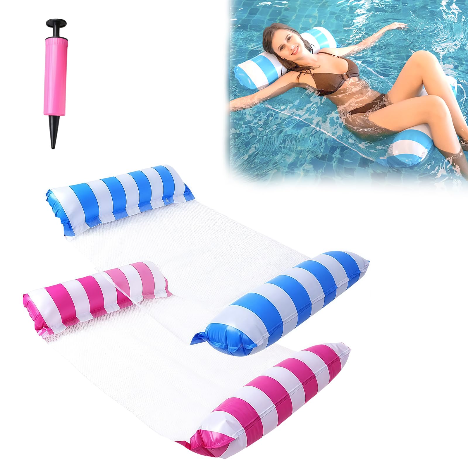 Pool Inflatables Floats, 2 Pack Inflatable Pool Floats Hammock for Adults Relaxing Pools Lounger Inflatable Swimming Toys, Tanning Pools Floating Mattress with a Manual Air Pump (Blue, Pink)