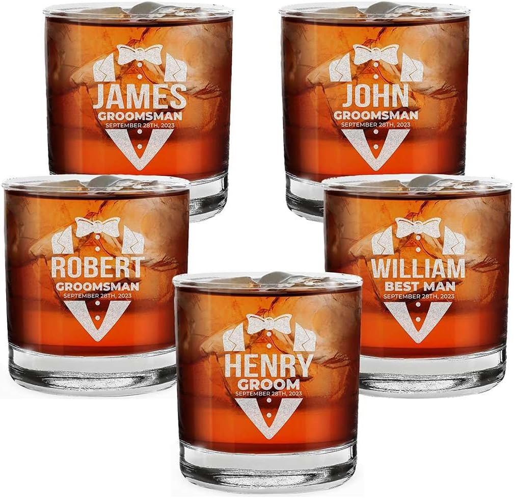 Personalized Custom Groom and Groomsmen Name Tuxedo Wedding Favors Engraved Whiskey Can Glasses 11 oz. (Set of 5)