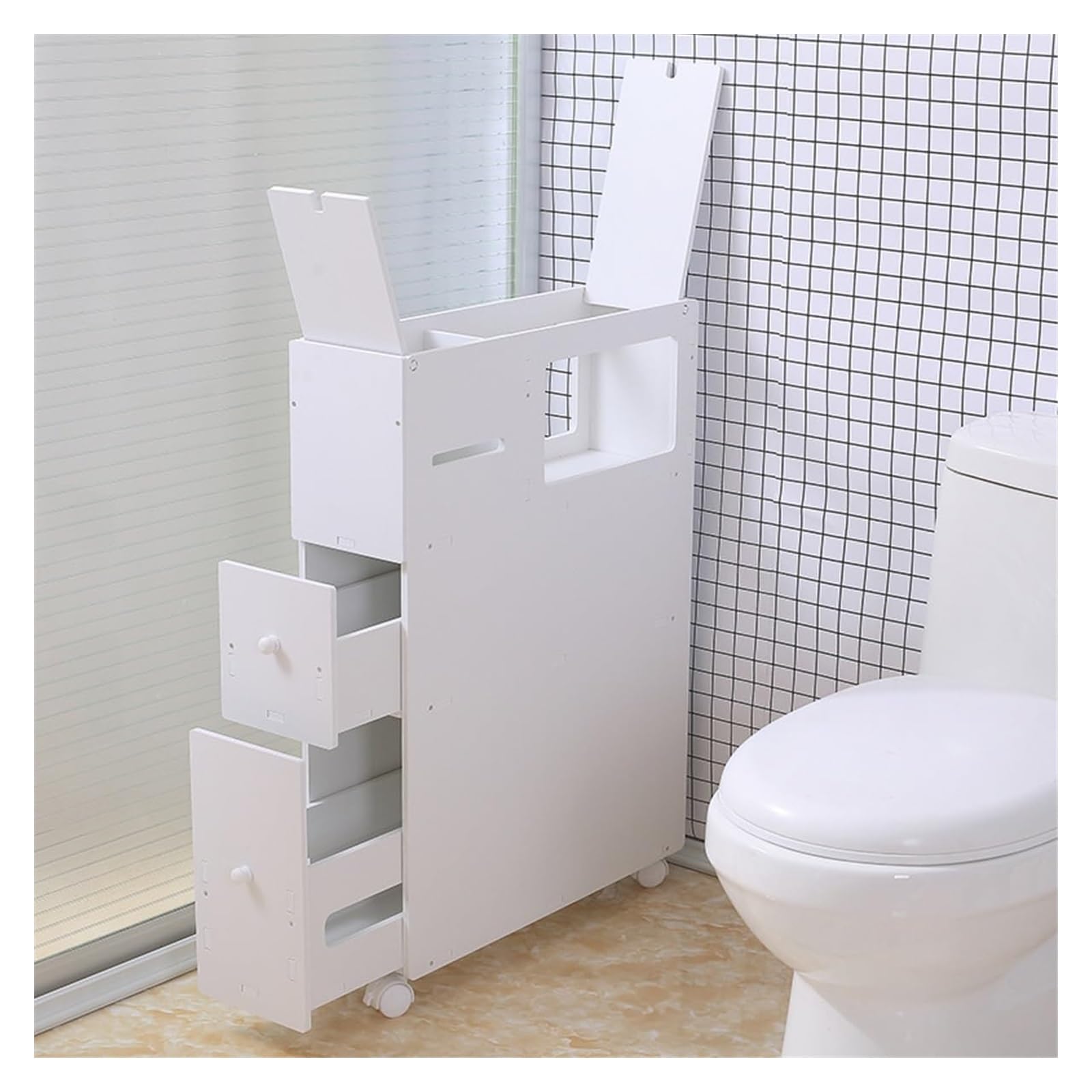 Armadio da Bagno Stretto con Ruote, Organizzatore di stoccaggio Mobile in PVC Bianco, Carrello a 2 cassetti per Piccoli spazi, Soluzione ordinata a Prova di umidità per bucato da Cucina