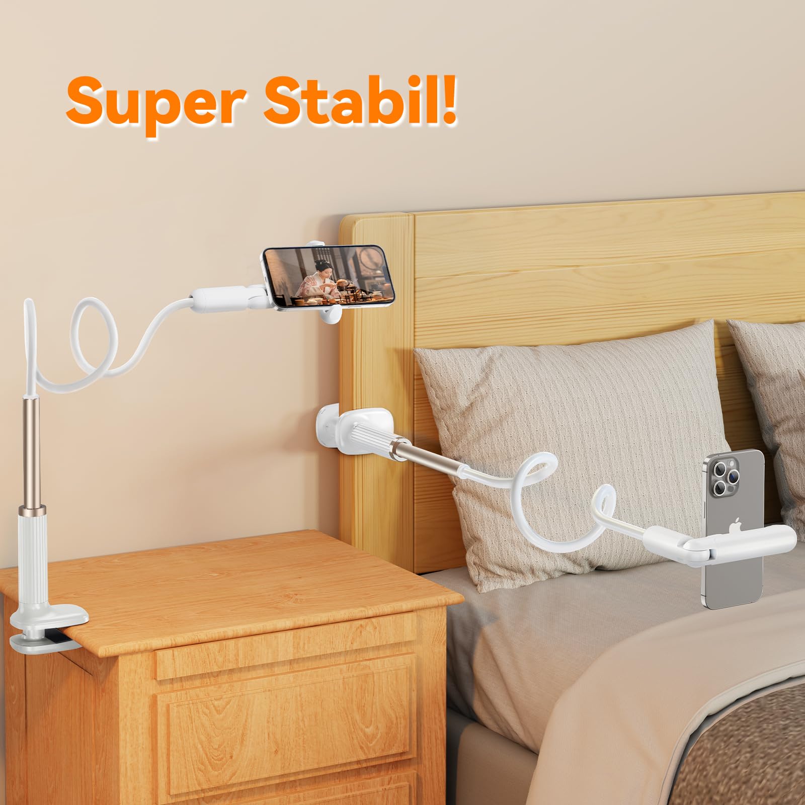 Schwanenhals Handyhalterung für Bett, Flexibler Handy Halterung Bett, Handyhalterung Langer Arm, mit 360°Drehbarer Mini Klemme, Kompatibel mit 4.7-6.8" Geräten (43.31" Langer Arm)