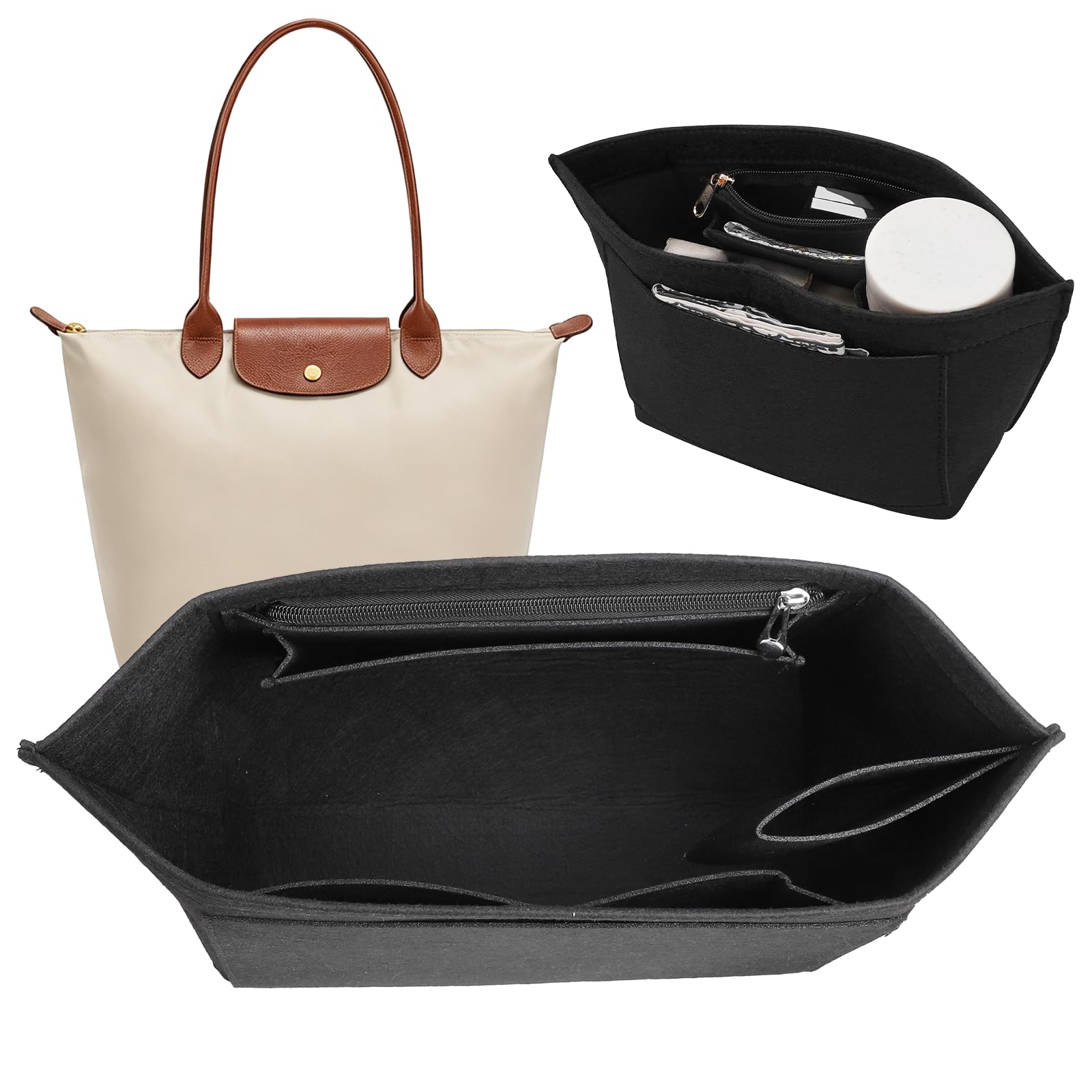 Okiuen Bag Organiser for Longchamp - Purse Insert Organizer With Zipper,Multi-Pocket Felt Handbag Organiser Insert, Folding Tote Bag Organiser Insert Wallet Organizer (black, L)