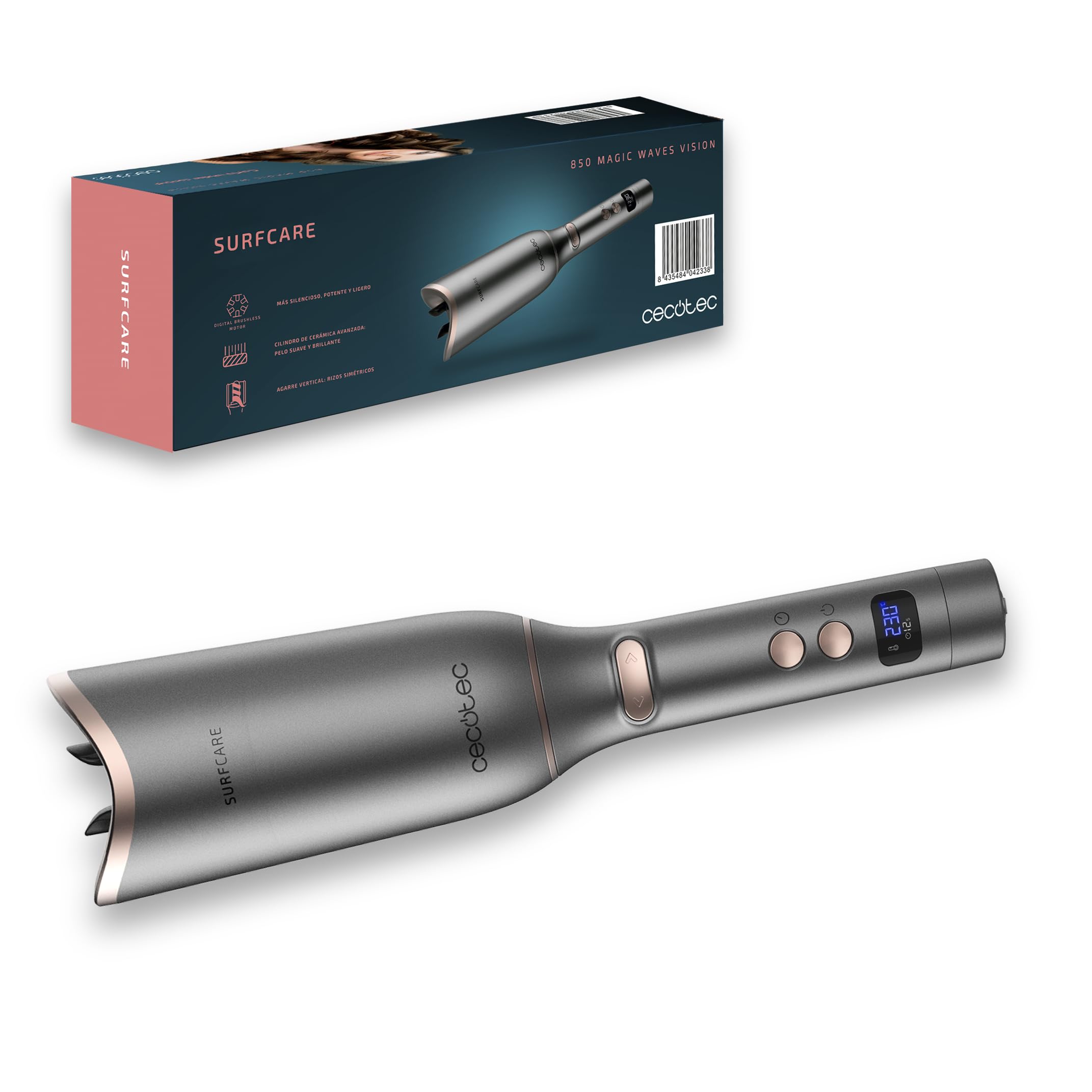 Cecotec Fer à boucler automatique Bamba Surfcare 850 Magic Waves Vision, Moteur numérique Brushless, Revêtement en céramique, réglage de la température et du temps, et écran LCD.