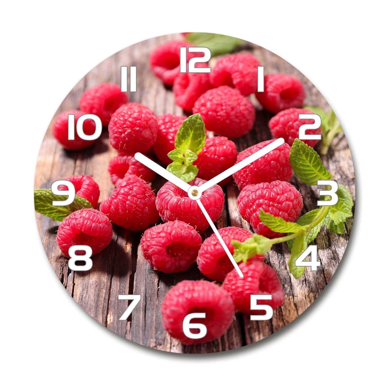 Horloge de salon design Tulup en verre imprimé framboises pour une ambiance chaleureuse