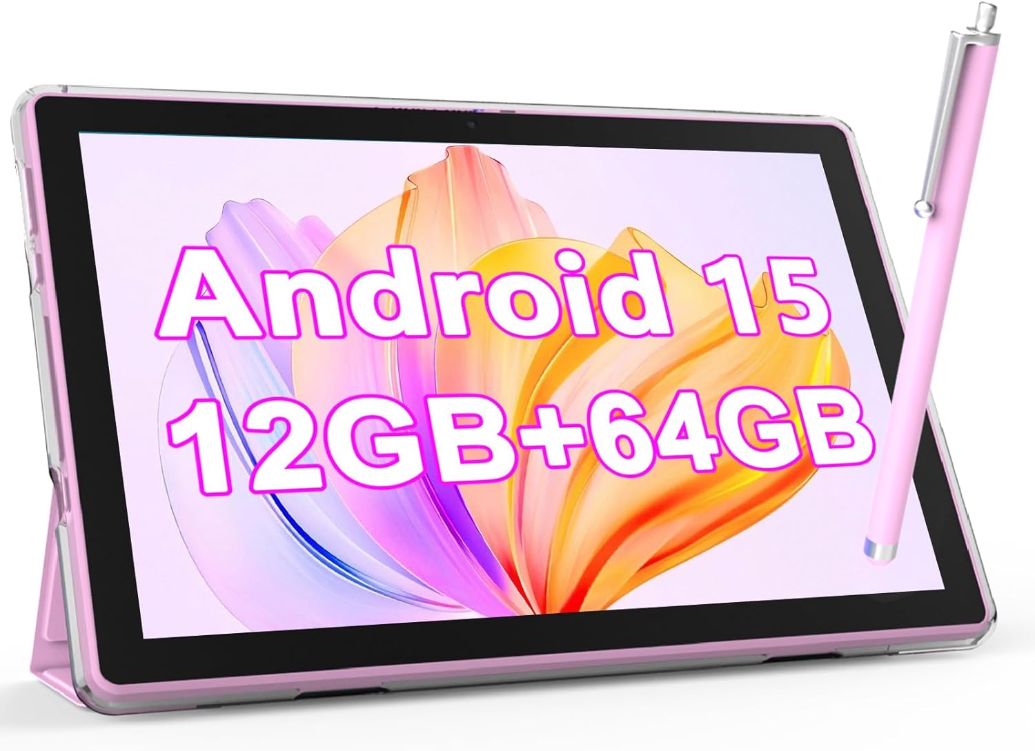 Novojoy 10 Inch Android Tablet with Case and Stylus, 2.0GHz, Dual Camera, 12GB RAM, 64GB ROM, 5G WiFi 6, Pink