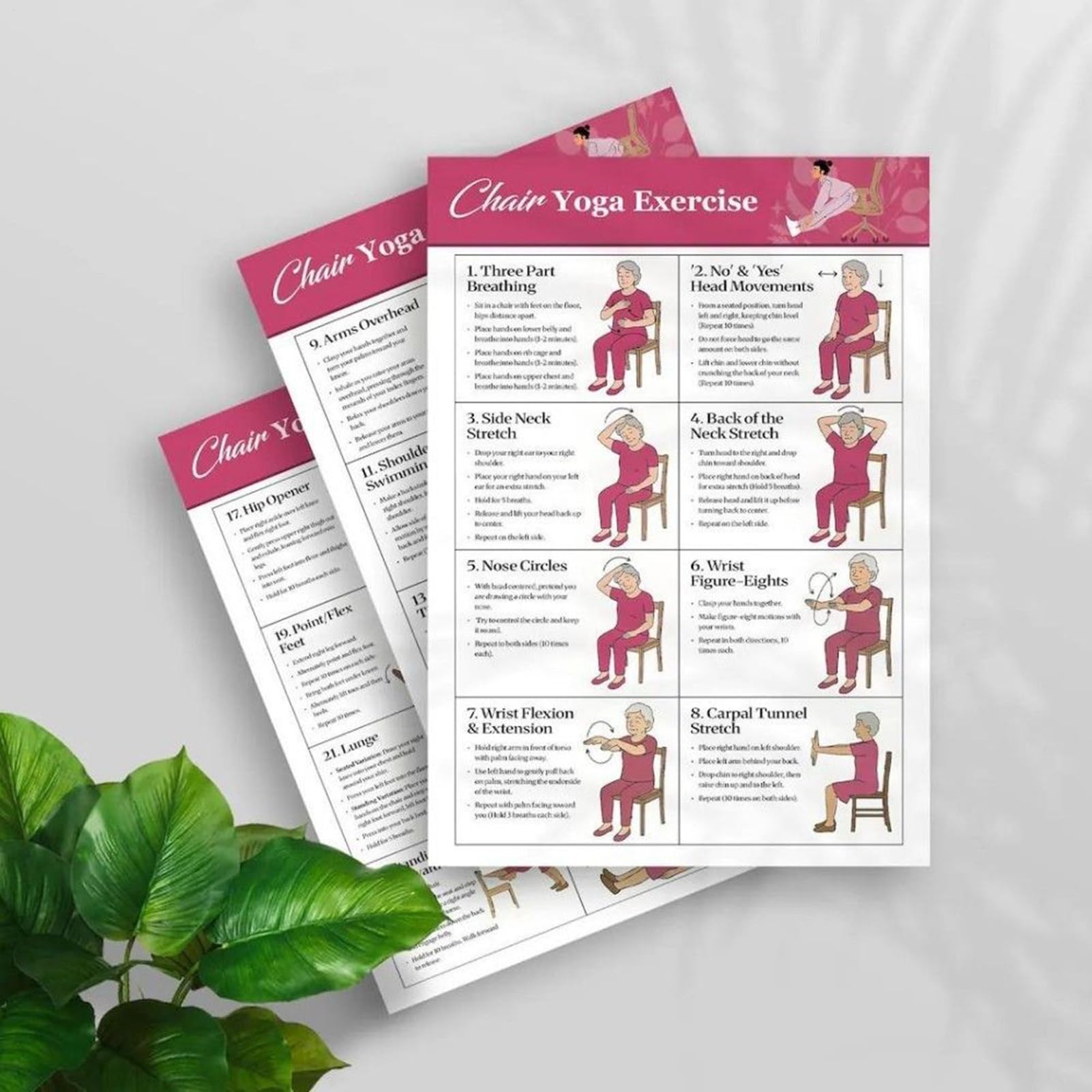 lyanny Poster da yoga per sedia – Poster da ginnastica da seduta, istruzioni (lingua italiana non garantita) , 11 pezzi, per allenamento senza foratura, per pilates, perdita di peso, casa, palestra