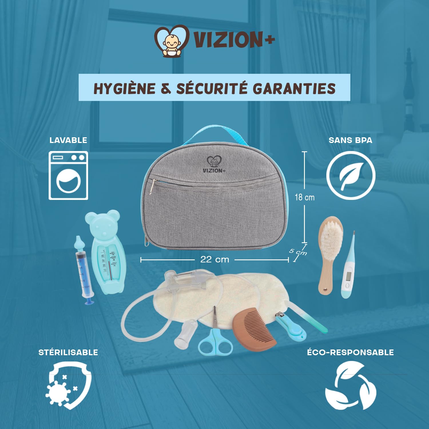 VIZION+ Trousse de Soin bébé – Kit Naissance Complet – 13 Accessoires dont Brosse et Peigne en Bois – Coussinets d’Allaitement en Bambou – Guide Parents Inclus
