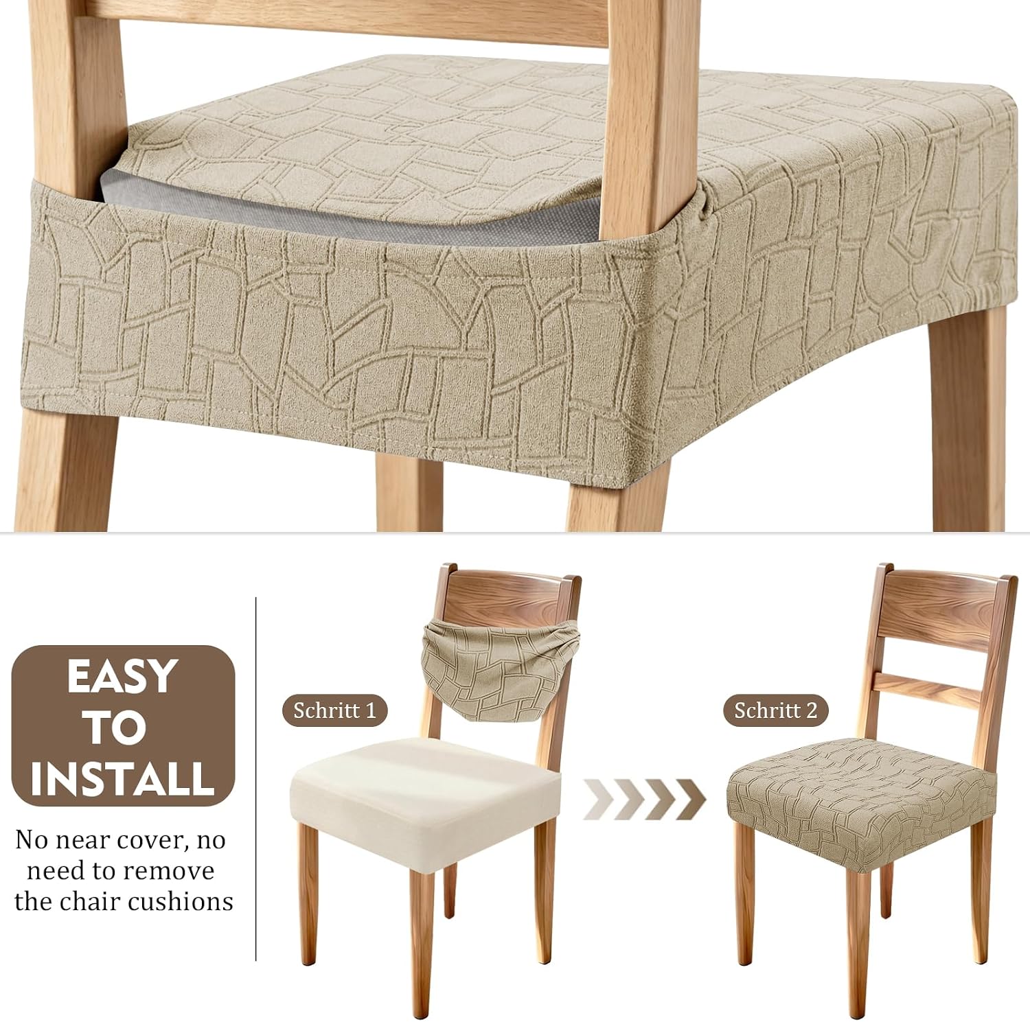 ZNSAYOTX Waterproof Dining Chair Seat Covers Set of 2, Stretch Fit Seat Slipcovers for Parson Chairs No Rear, Soft Plaid Jacquard Removable Washable Seat Protector with Elastic Bottom (Khaki)