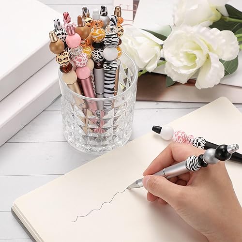 Vista 12 de Geyee Juego de 12 bolígrafos de plástico con cuentas, bolígrafos de cuentas surtidas, juego de espaciadores redondos de madera de cristal, tinta