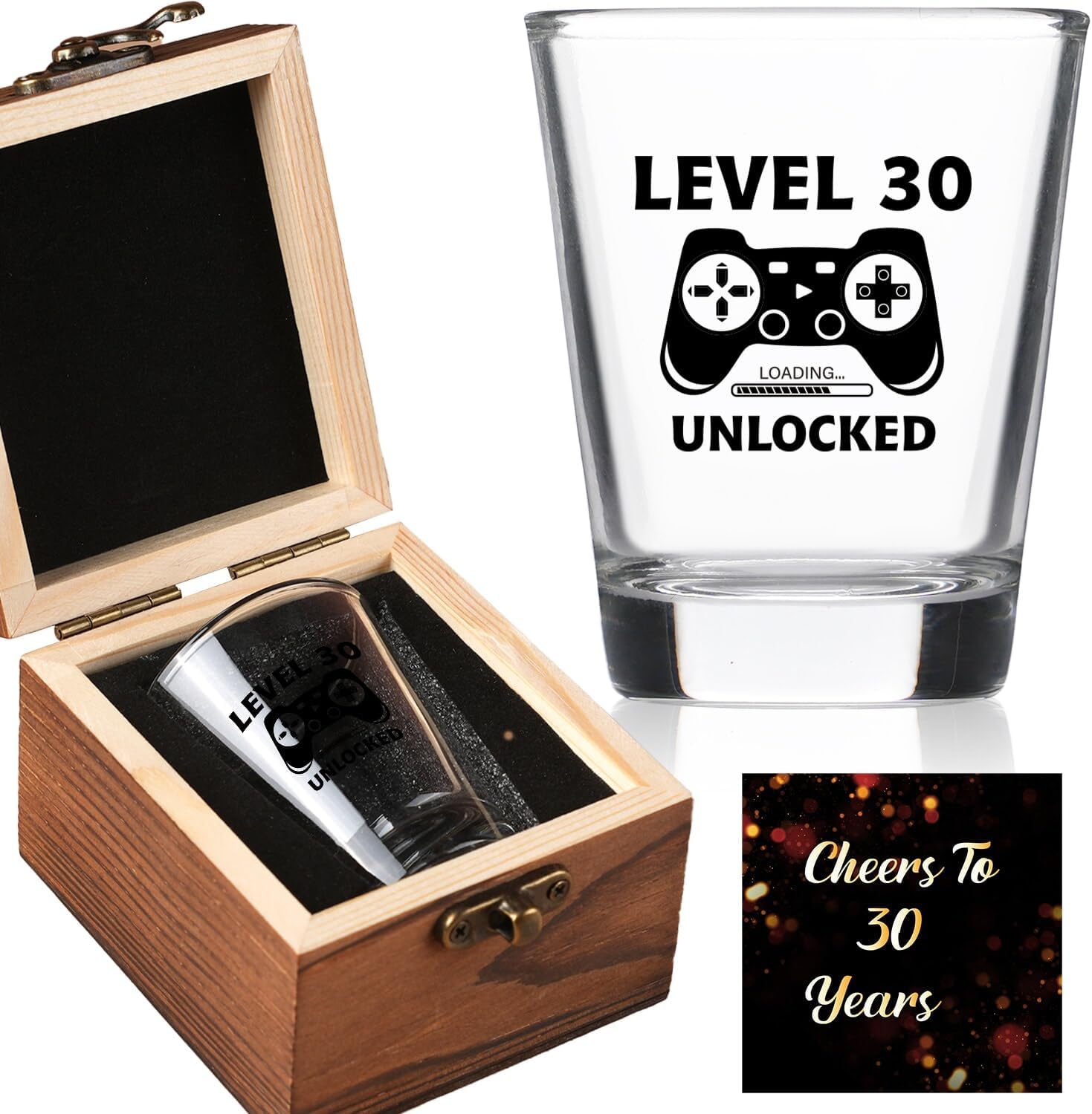 Ithmahco 30th Birthday Gifts for Him Her – LEVEL 30 UNLOCKED Shot Glass with Wooden Box – Cheers To 30 Years Old, Cool 30th Birthday Party Decoration – Turning 30 Bday Gift for Men, Brother, Friend