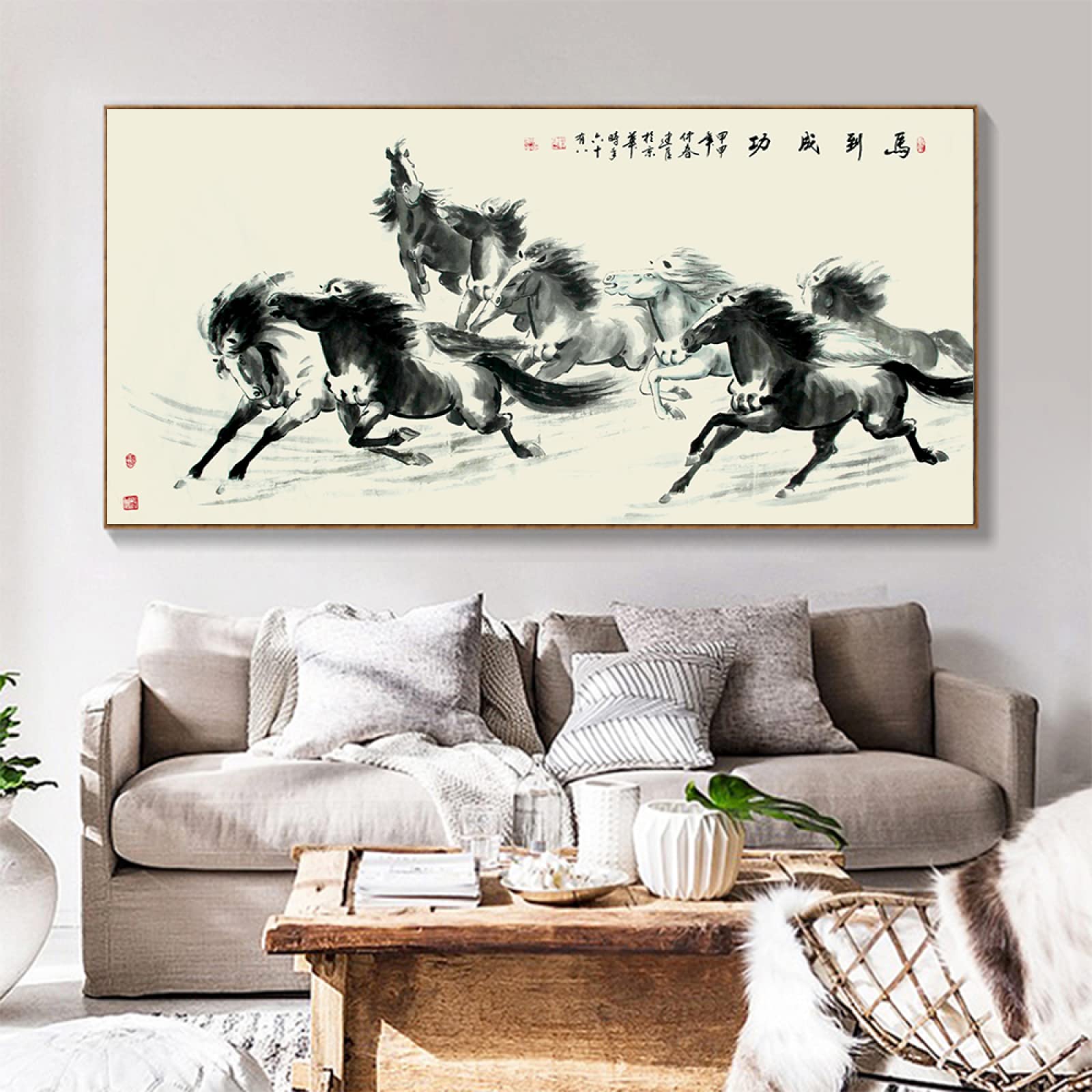 Amazon.co.jp: キャンバスプリント 中国の水墨画スタイル 8頭の馬が