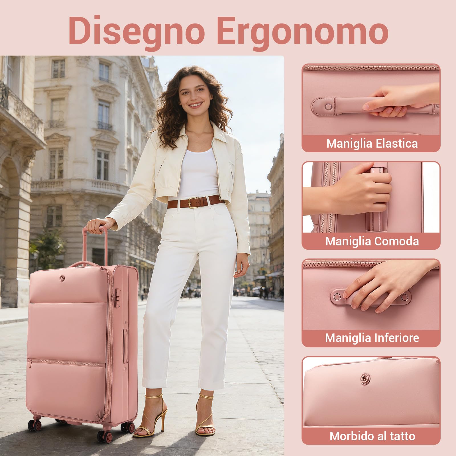 Miss Lulu Valigia Morbida Espandibile con Ruote Girevoli, Bagaglio a Mano, Valigia da Viaggio Media, 74,5 x 44 x 32 cm, Rosa