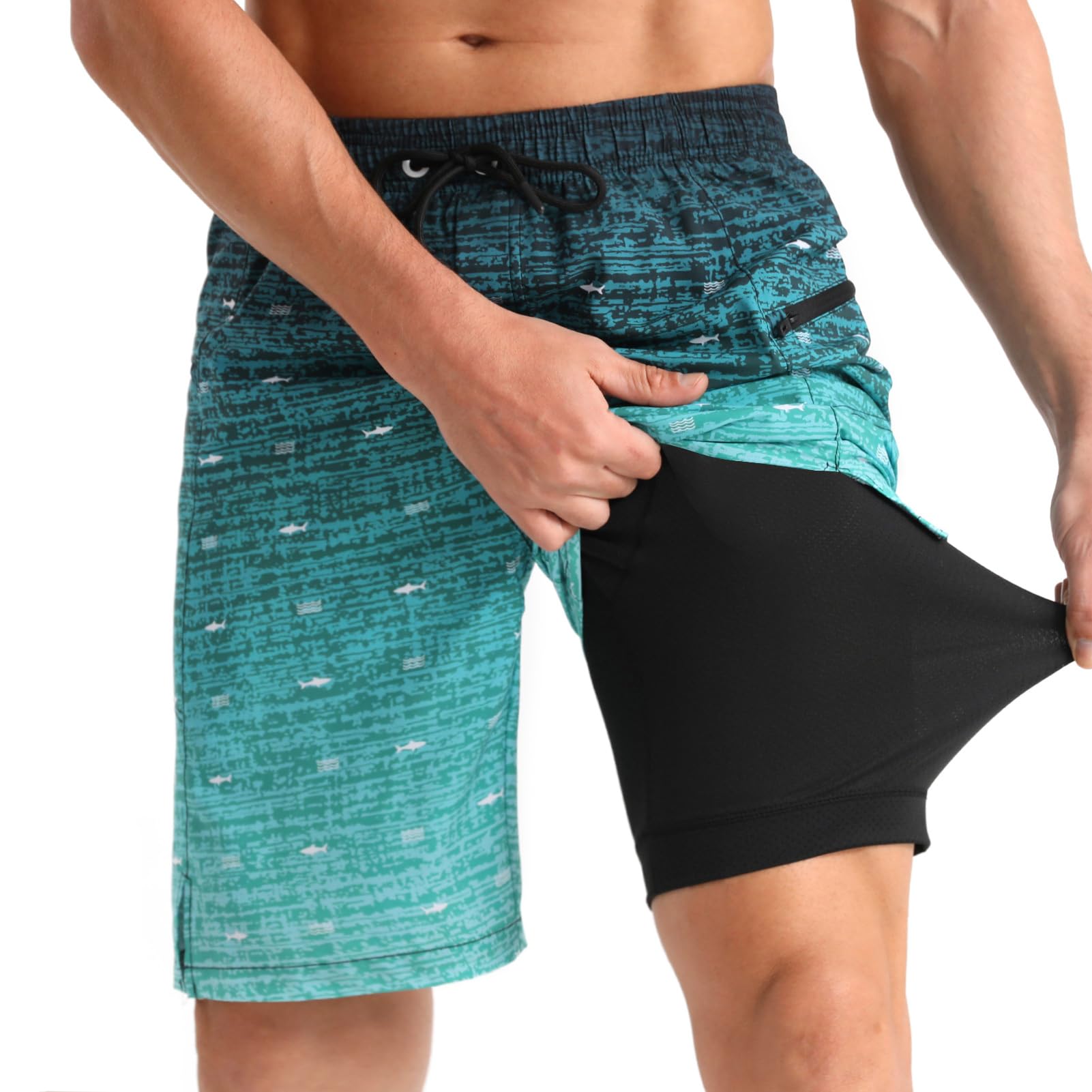 iCKERMen's Swimming Shorts with Compression Liner 2 in 1 Swimming Trunks Quick Dry 9 inch Inseam Board Shorts with Zipper Pockets