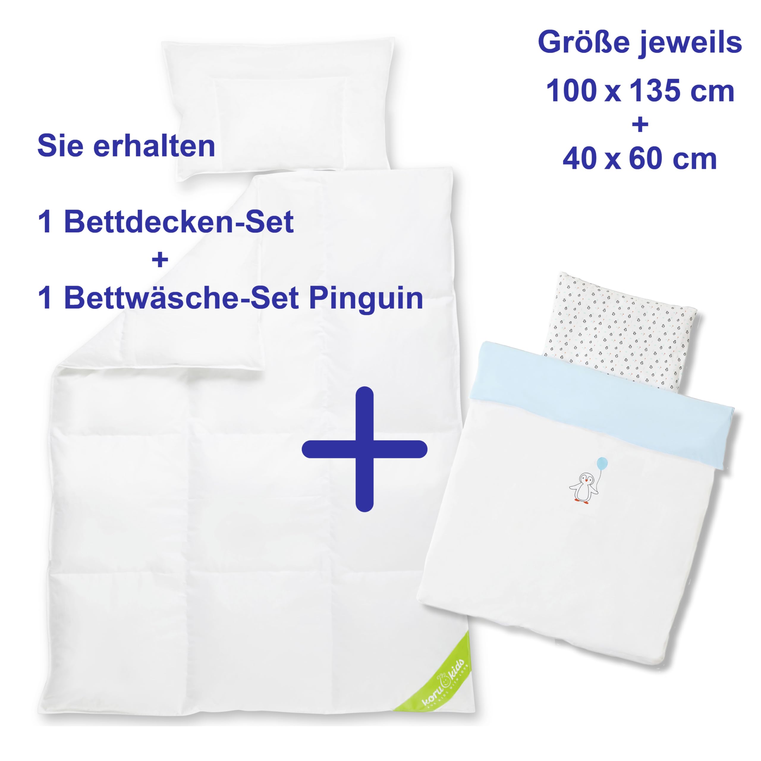 Koru Kids® Premium Kinder Bettdecken-Set - Set mit Pinguin Bettwäsche 100x135 + 40x60 cm - Daunendecke 100x135 cm mit Kissen 40x60 cm - 100% deutsche Daunen – Baby Bettdecke - Kinderbettdecke
