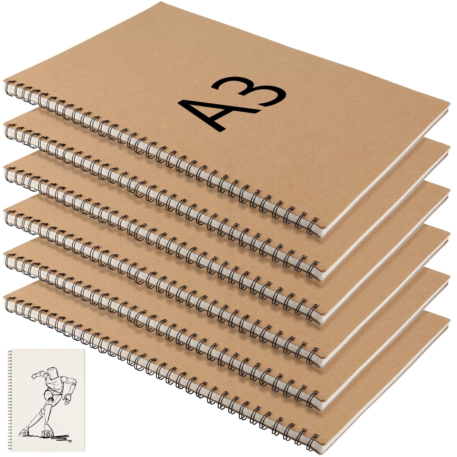 KOHAND 6 Pack A3 Sketchbook, 420 x 297mm Kraft Spiral Bound, 30 Sheets/60 Pages Blank Paper Sketch Pad for Sketching, Scrapbooking, Artist Painting